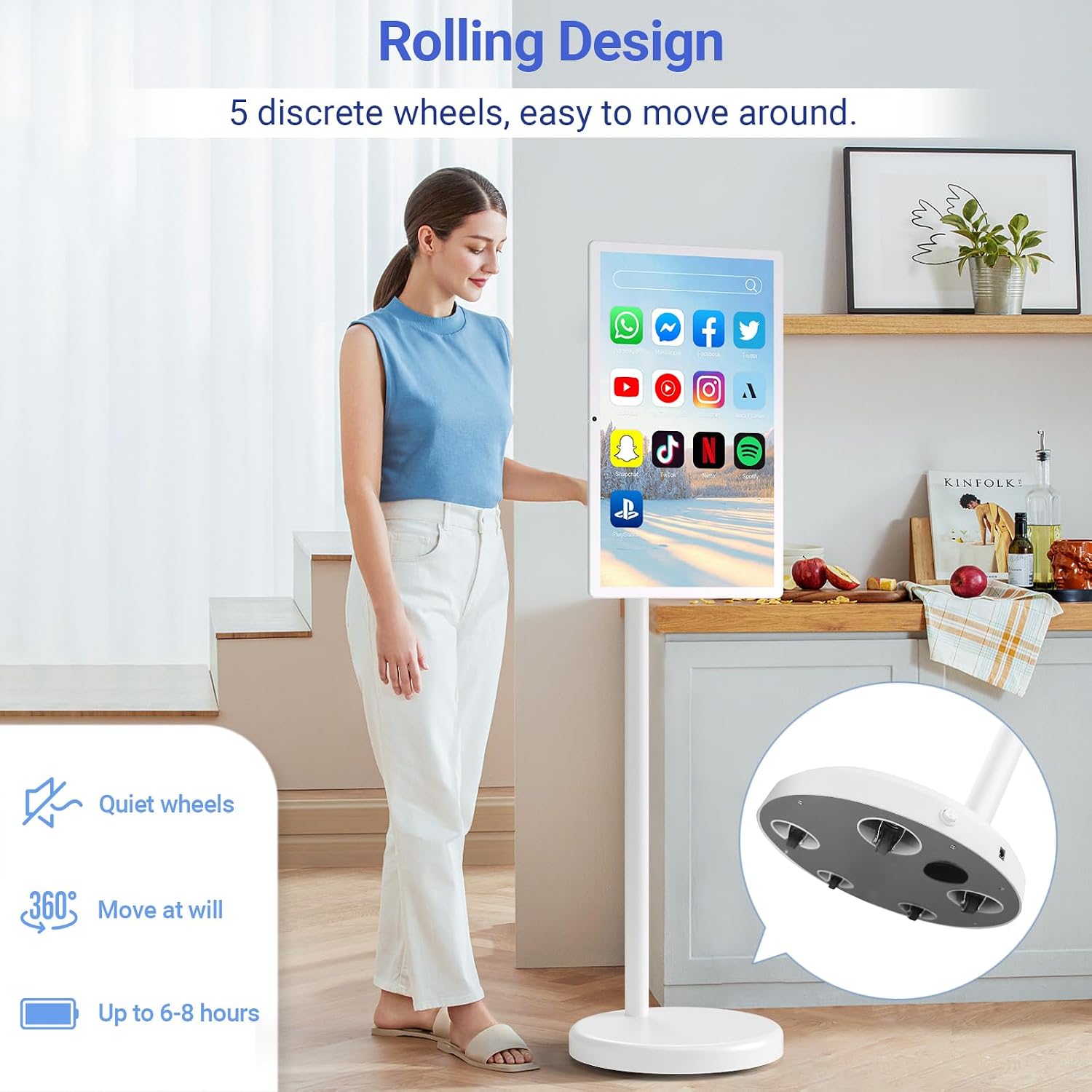 22-Inch Portable TV on Wheels, 1080p Portable Touch Screen Monitor, Smart Rolling TV Built-in 13MP Camera, Built-in Battery | Android 13 | 6+128G