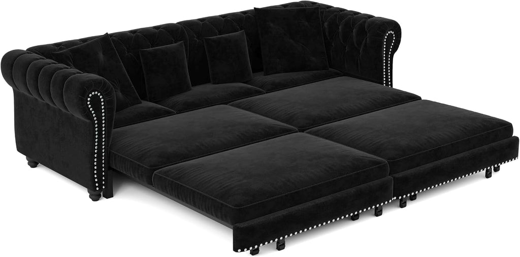 89'' Pull Out Sofa Bed King, Chesterfield Velvet Sleeper Sofa, Convertible L-Shaped Futon Couch, Tufted Back, 4 Pillows, Ottoman, Deep Seat Loveseat Couches for Apartment, Living Room, Black