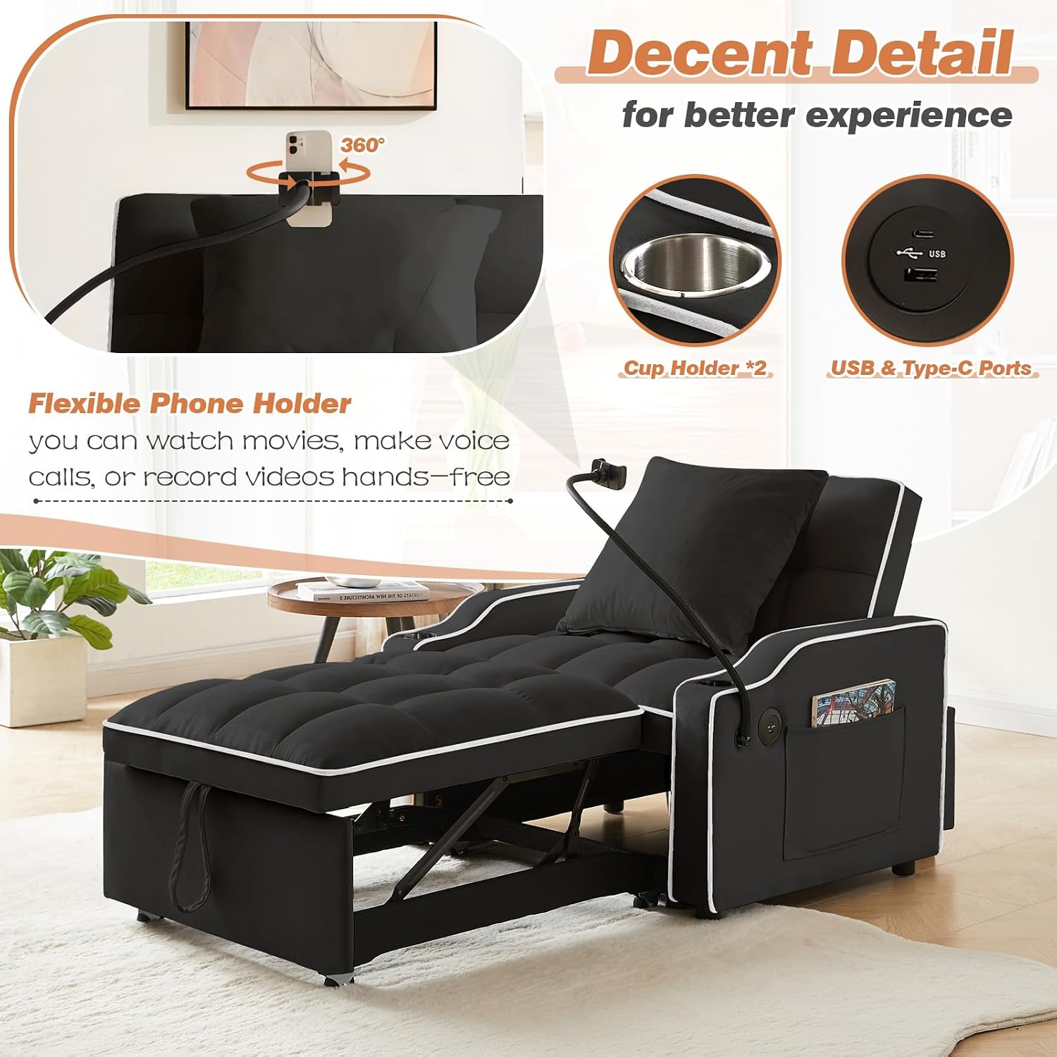 Sleeper Sofa Chair Bed with Charging Ports & Phone Holder & Cup Holder, Modern Velvet 3 in 1 Convertible Pull Out Single Sofa Chair Bed for Small Spaces Apartment, Black