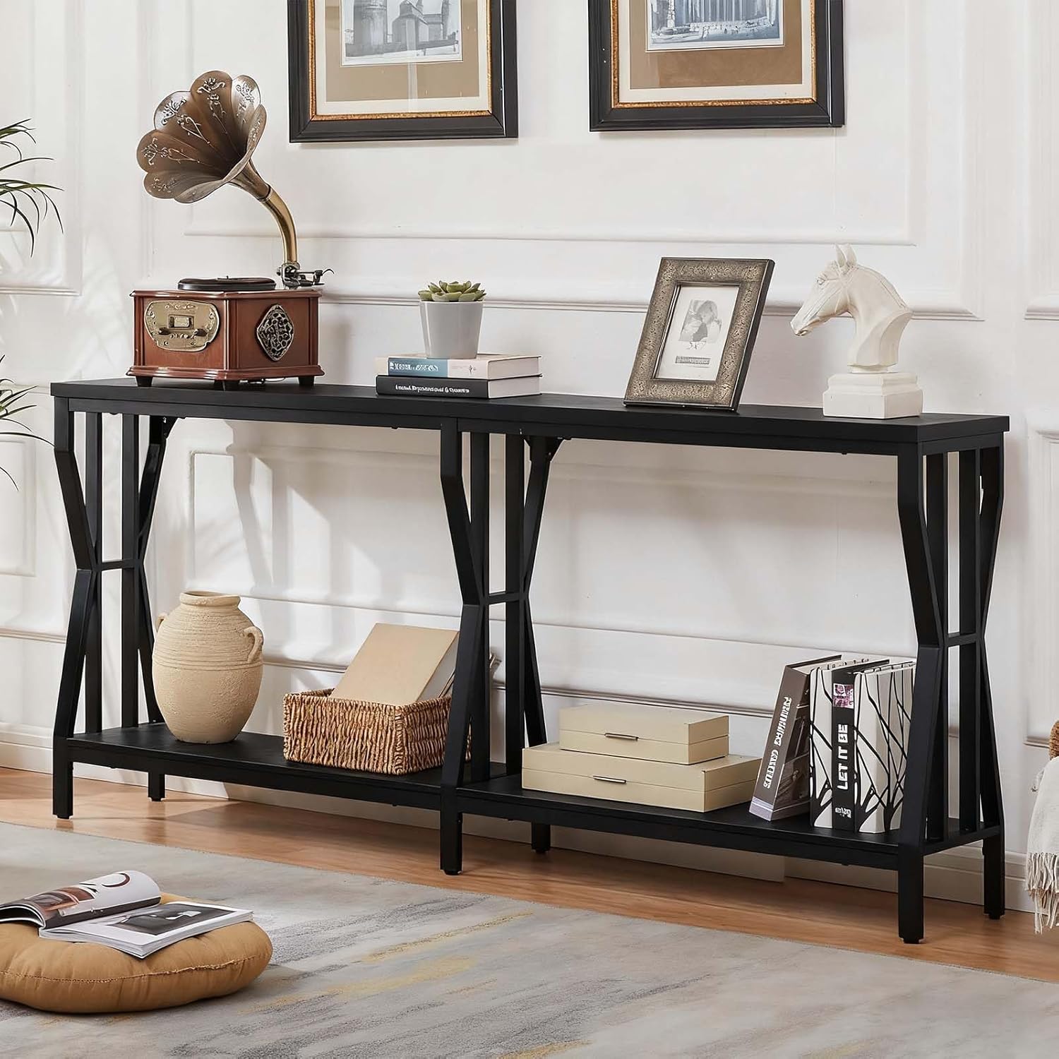 HOMISSUE Sofa Console Table, 70.9' Extra Long Sofa Table with 2-Tier Storage, Industrial Narrow Console Tables Behind Couch, Hallway Table for Entryway, Living Room, Black