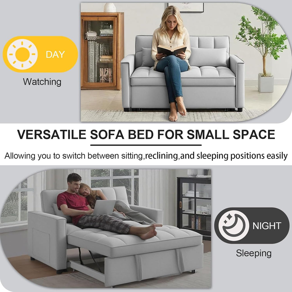 3 in 1 Convertible Sleeper Sofa Bed, 53' Pull Out Sofa Bed with 3-Level Adjustable Backrest, Velvet Fabric Loveseat Sleeper Couch for Living Room & Bedroom & Apartment & Dorm, Light Gray