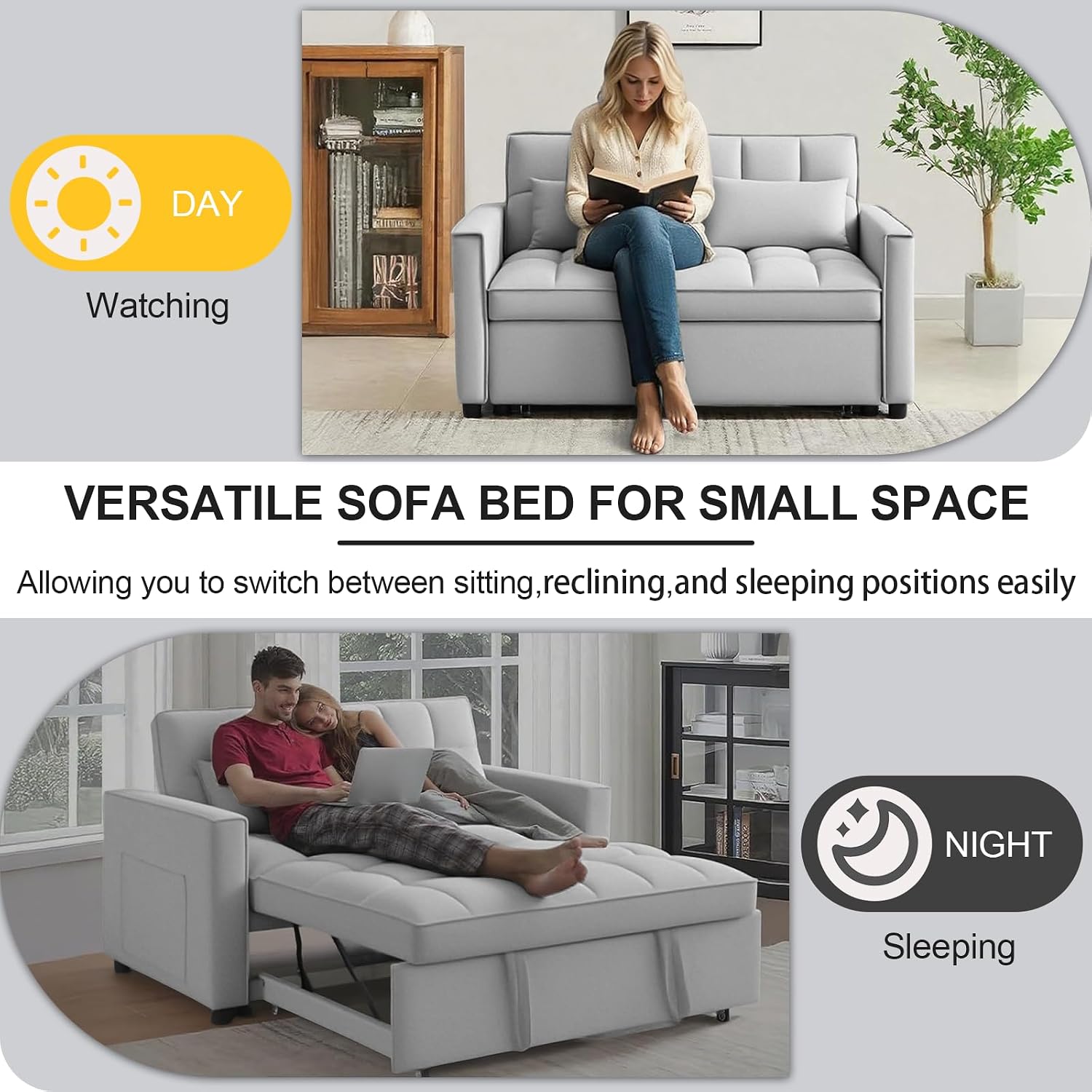 3 in 1 Convertible Sleeper Sofa Bed, 53' Pull Out Sofa Bed with 3-Level Adjustable Backrest, Velvet Fabric Loveseat Sleeper Couch for Living Room & Bedroom & Apartment & Dorm, Light Gray