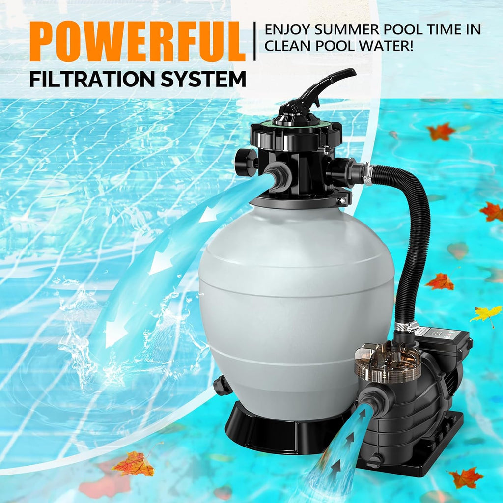 VINGLI (24H Timer) 14 in Sand Filter Pump with Filter Balls, 2087 GPH 3/4 HP Powerful Pool Filter Pump with 7-Way Valve for Above Ground Swimming Pools Up to 10500 Gallons