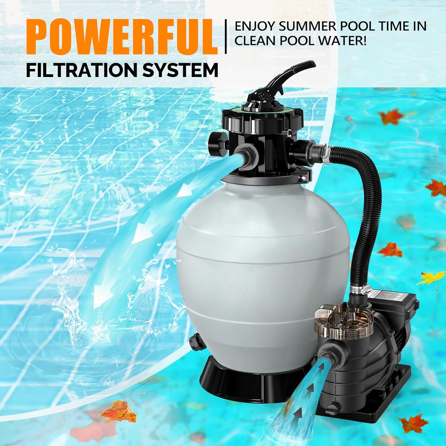VINGLI (24H Timer) 14 in Sand Filter Pump with Filter Balls, 2087 GPH 3/4 HP Powerful Pool Filter Pump with 7-Way Valve for Above Ground Swimming Pools Up to 10500 Gallons