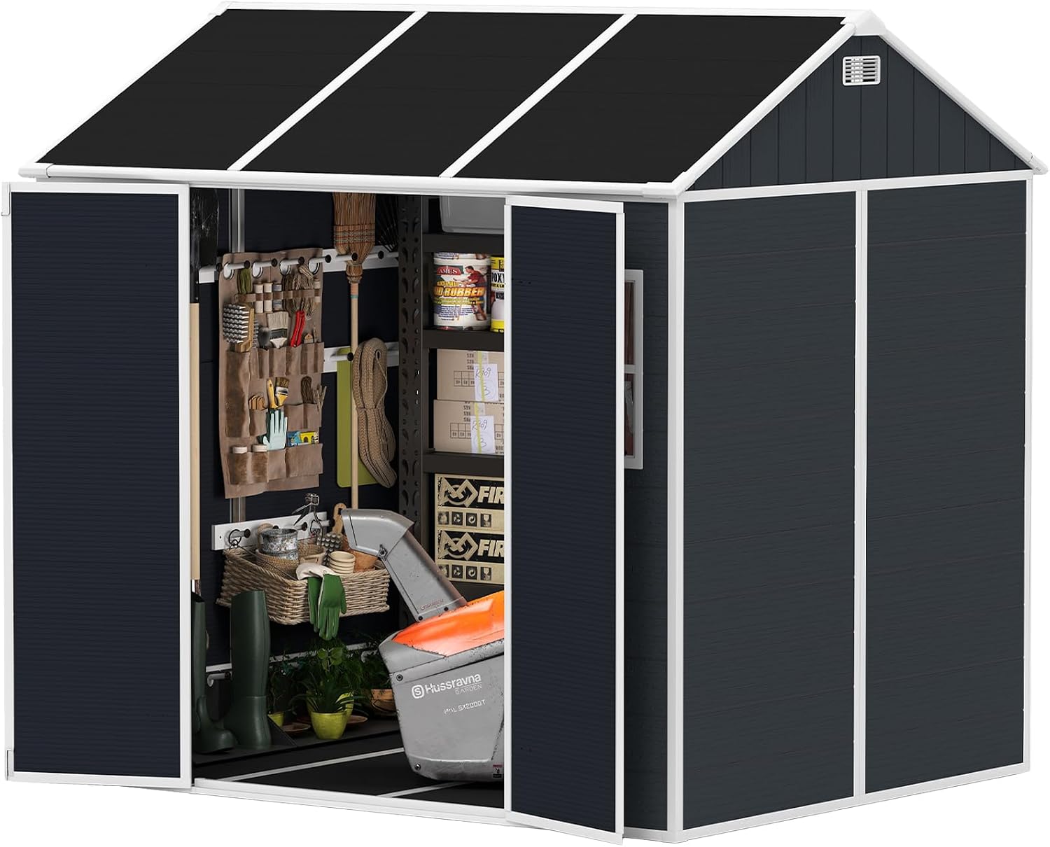 8x7ft Outdoor Storage Shed with Lockable Double Doors, Heavy Duty Resin Garden Shed for Backyard, 2 Windows & Floor Included, Hurricane-Proof, Waterproof UV-Resistant for Lawn Mower/Patio Furniture