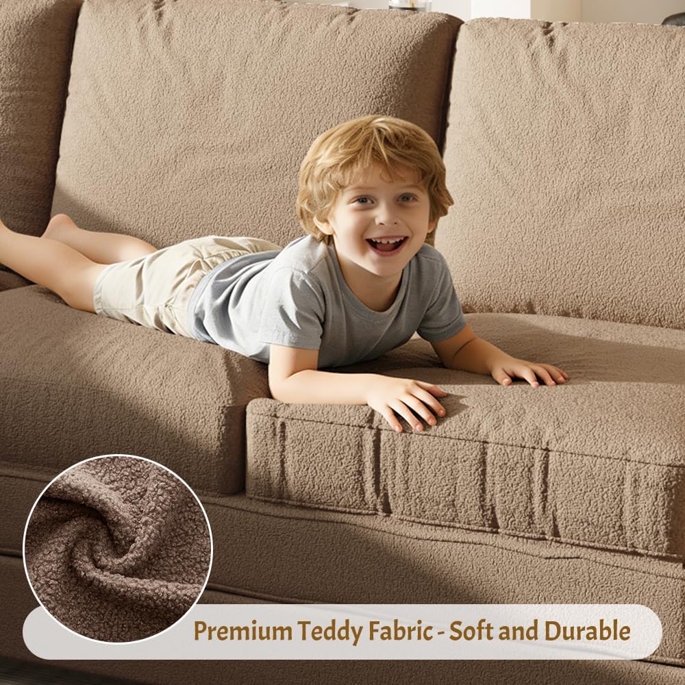 115.2'' Pull Out Couch Bed King Size, Convertible Sleeper Sofa, Oversized 6-Seater L-Shaped Couches with Side Pockets, USB, Teddy Reversible Sectional Sofa for Living Room, Apartment, Brown