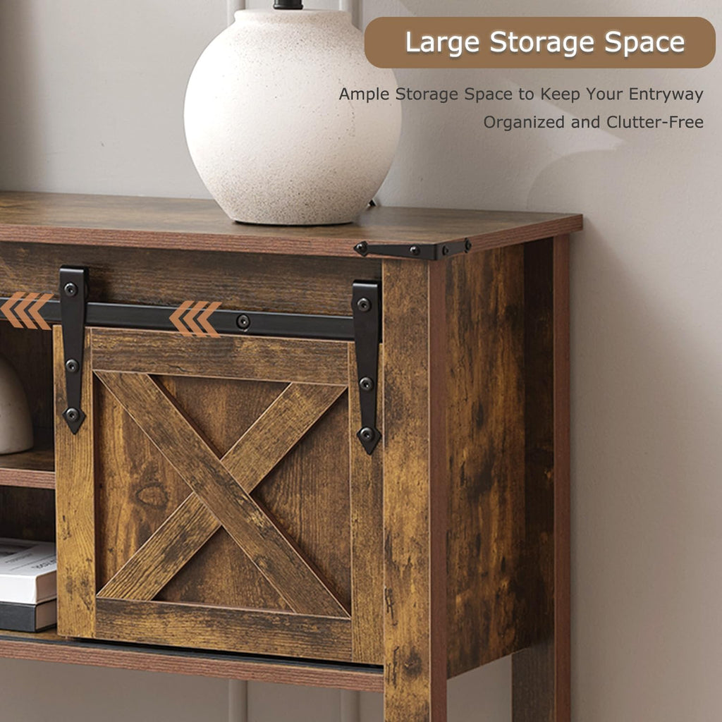 Farmhouse Entryway Table with Sliding Barn Doors, Wood Console Table with Storage Shelf, Rustic Sofa Table for Living Room, Entryway, Foyer, Brown