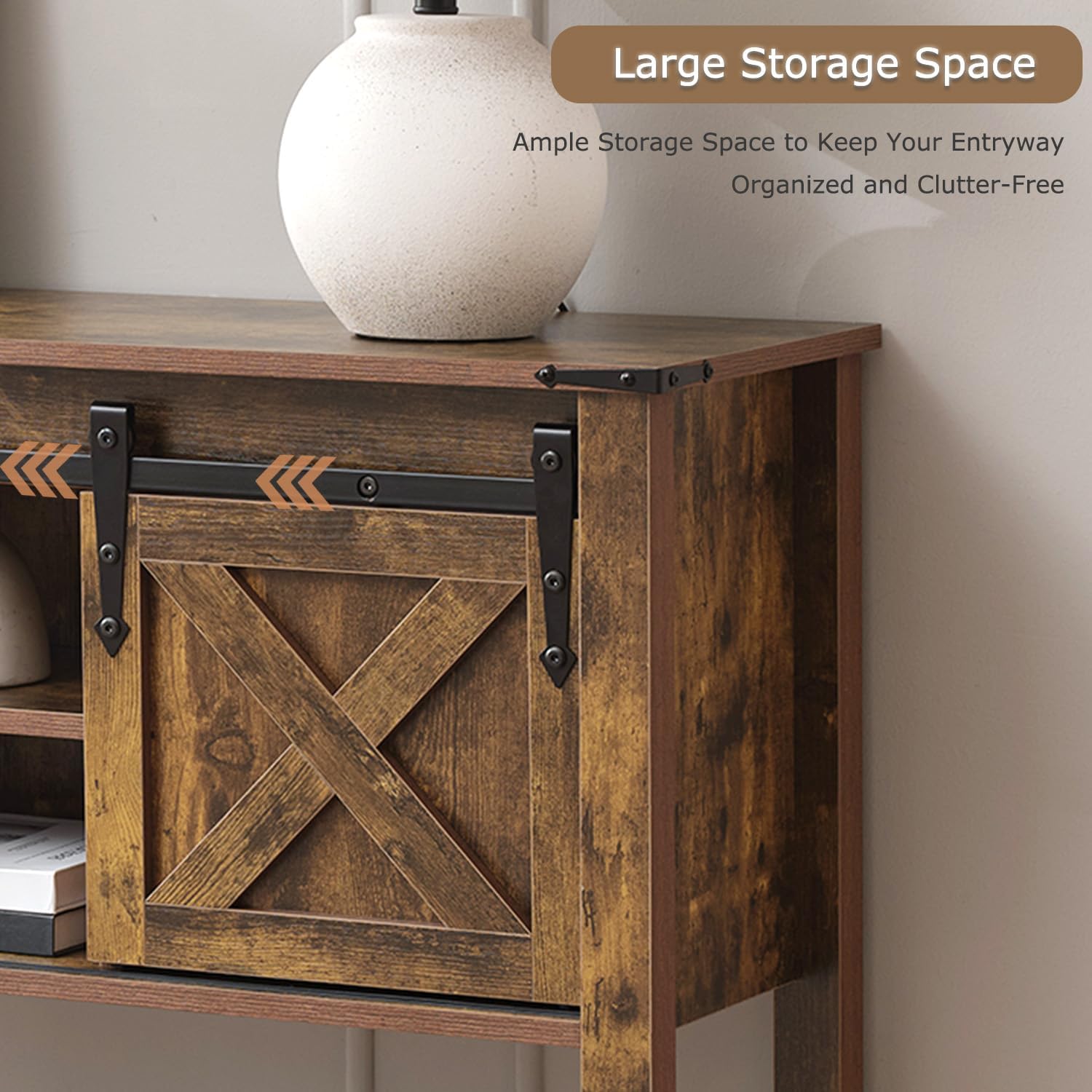 Farmhouse Entryway Table with Sliding Barn Doors, Wood Console Table with Storage Shelf, Rustic Sofa Table for Living Room, Entryway, Foyer, Brown