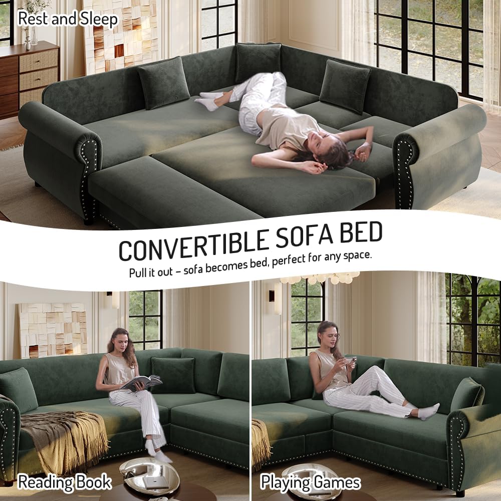 88.2' Pull Out Couch Bed King, L Shaped Convertible Sleeper Sofa, 4-Seater Couches with Rivet Armrests, 3 Pillows, Chenille Upholstery, Futon Sofa Bed for Living Room, Apartment, Office, Green