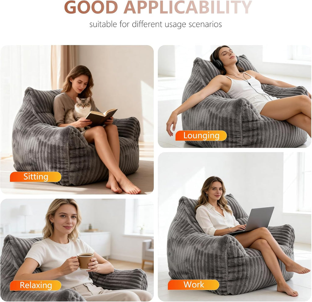 Bean Bag Chair for Adults with Armrests, Bean Bag Sofa with Back Support for Living Room, Bedroom, Dorm, Cozy Fluffy BeanBag Lazy Couch (Gray)