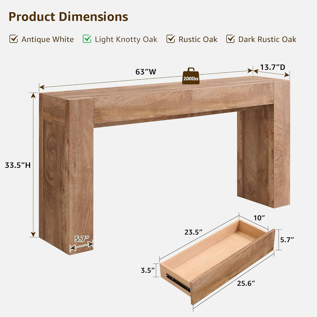 OKD Modern Entryway Console Table, Sofa Table with Drawers, 63' Long Hall Table Behind Couch, Thick Wood Design for Living Room, Hallway - Light Knotty Oak