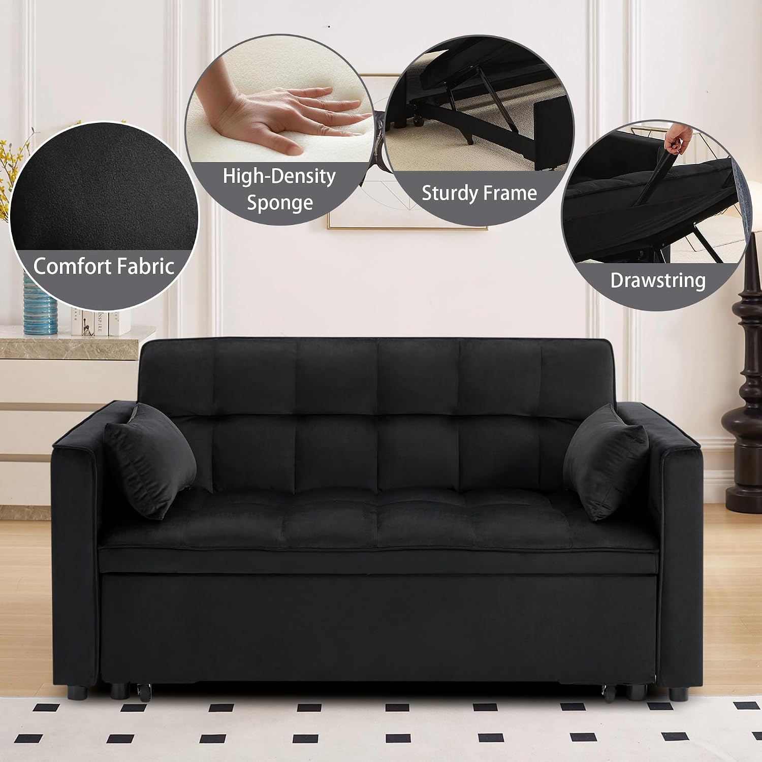 70' 3 in 1 Pull Out Couch, Loveseat Sleeper Sofa with Side Pockets, Convertible Velvet Fabric Sofa Bed for Living Room, Bedroom, Apartment, Easy Assembly, Black
