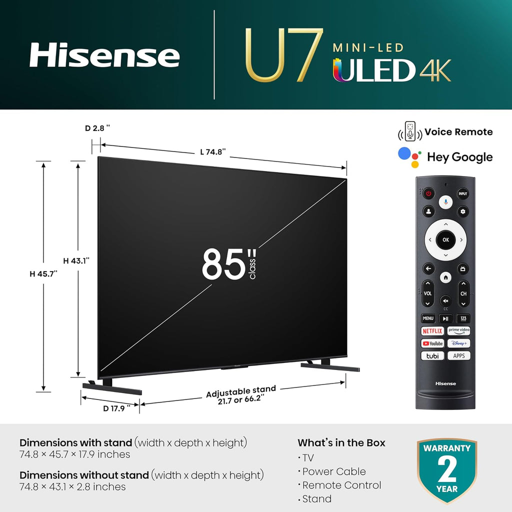 Hisense 85-Inch Class U7 Series Mini-LED ULED 4K UHD Google Smart TV (85U7K) - QLED, Native 144Hz, 1000-Nit, Dolby Vision IQ, Full Array Local Dimming, Game Mode Pro, Alexa Compatibility