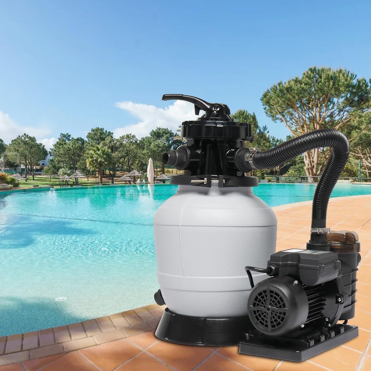 (24H Timer) VINGLI Sand Pool Filter 12in Tank With A 1/2HP Pool Pump 115V and Pool Filter Balls, Above Ground Inground Swimming Pool Pump with Filter Basket,Max 2642 GPH