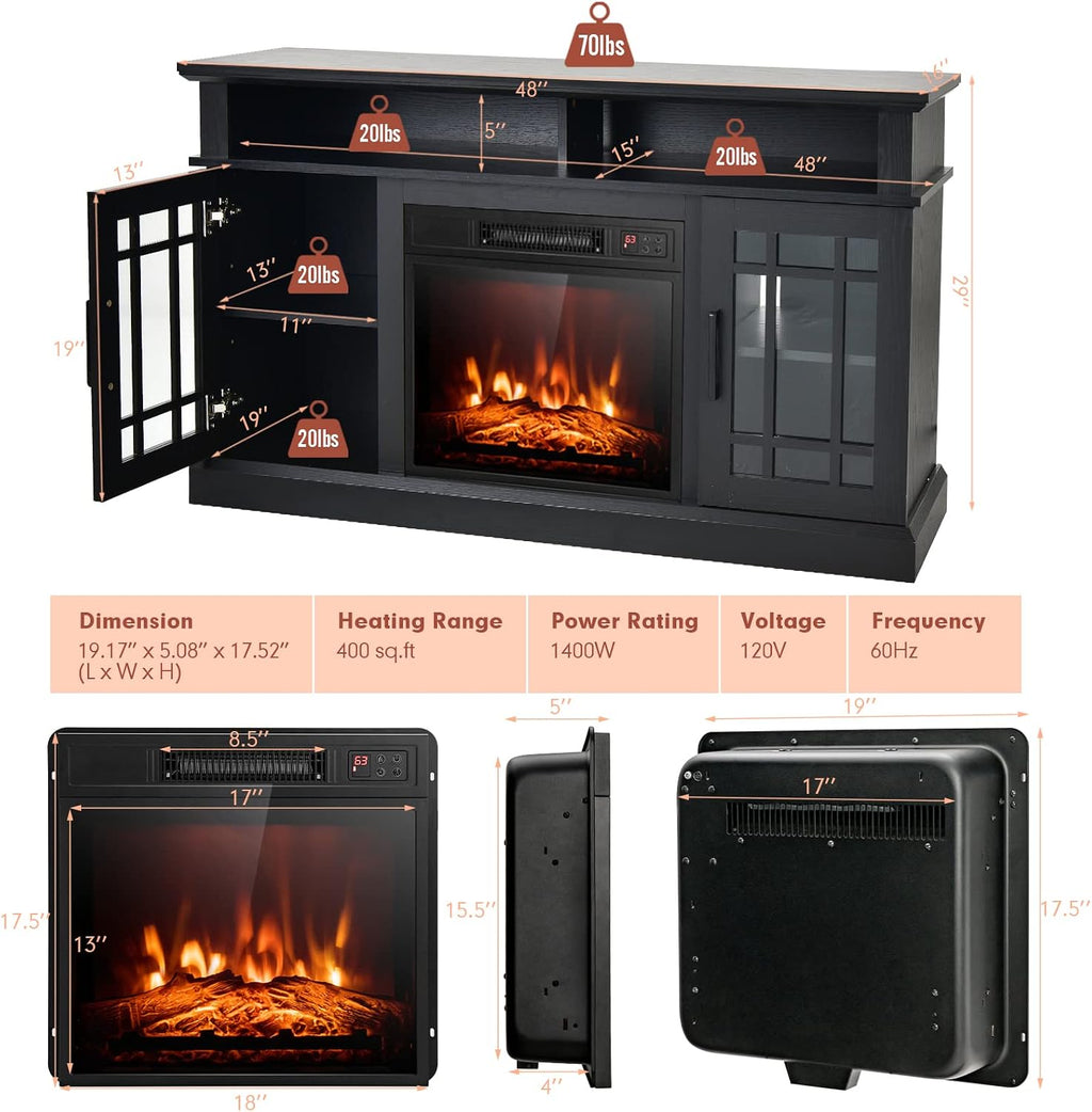 COSTWAY Electric Fireplace TV Stand for TVs Up to 55 Inches, 18-Inch Fireplace Insert with Remote, Overheat Protection, 48-Inch Wooden Media Entertainment Center with Adjustable Shelves, Black