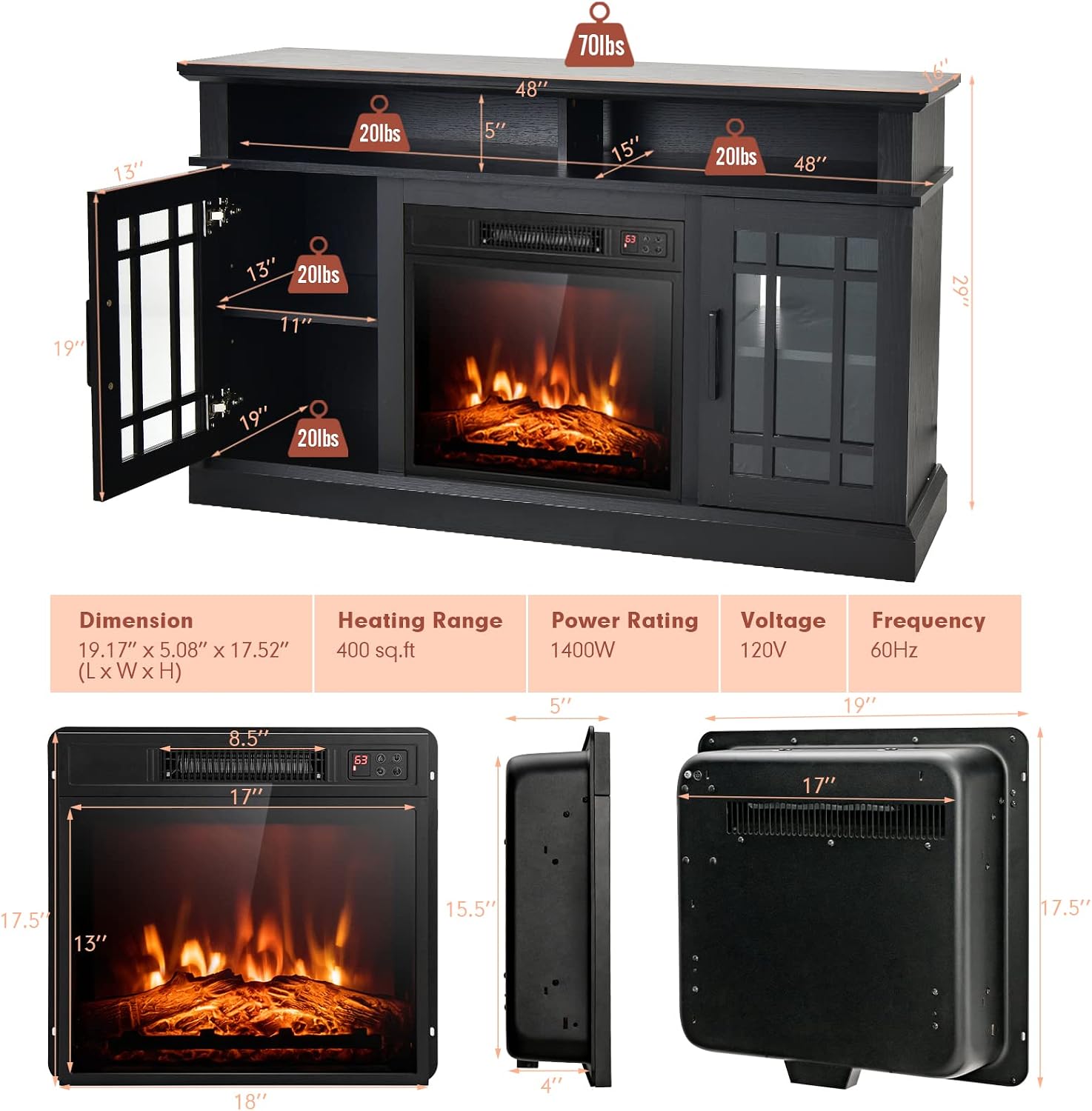 COSTWAY Electric Fireplace TV Stand for TVs Up to 55 Inches, 18-Inch Fireplace Insert with Remote, Overheat Protection, 48-Inch Wooden Media Entertainment Center with Adjustable Shelves, Black