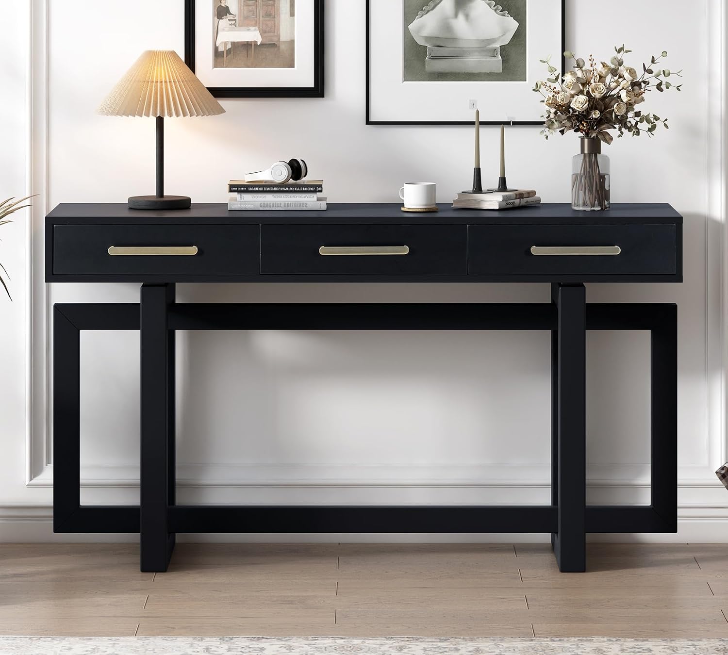 57' Entryway Console Sofa Table with Storage Drawers, Long Narrow Behind Couch Furniture for Living Room, Entrance, Hallway, Front Door, Black