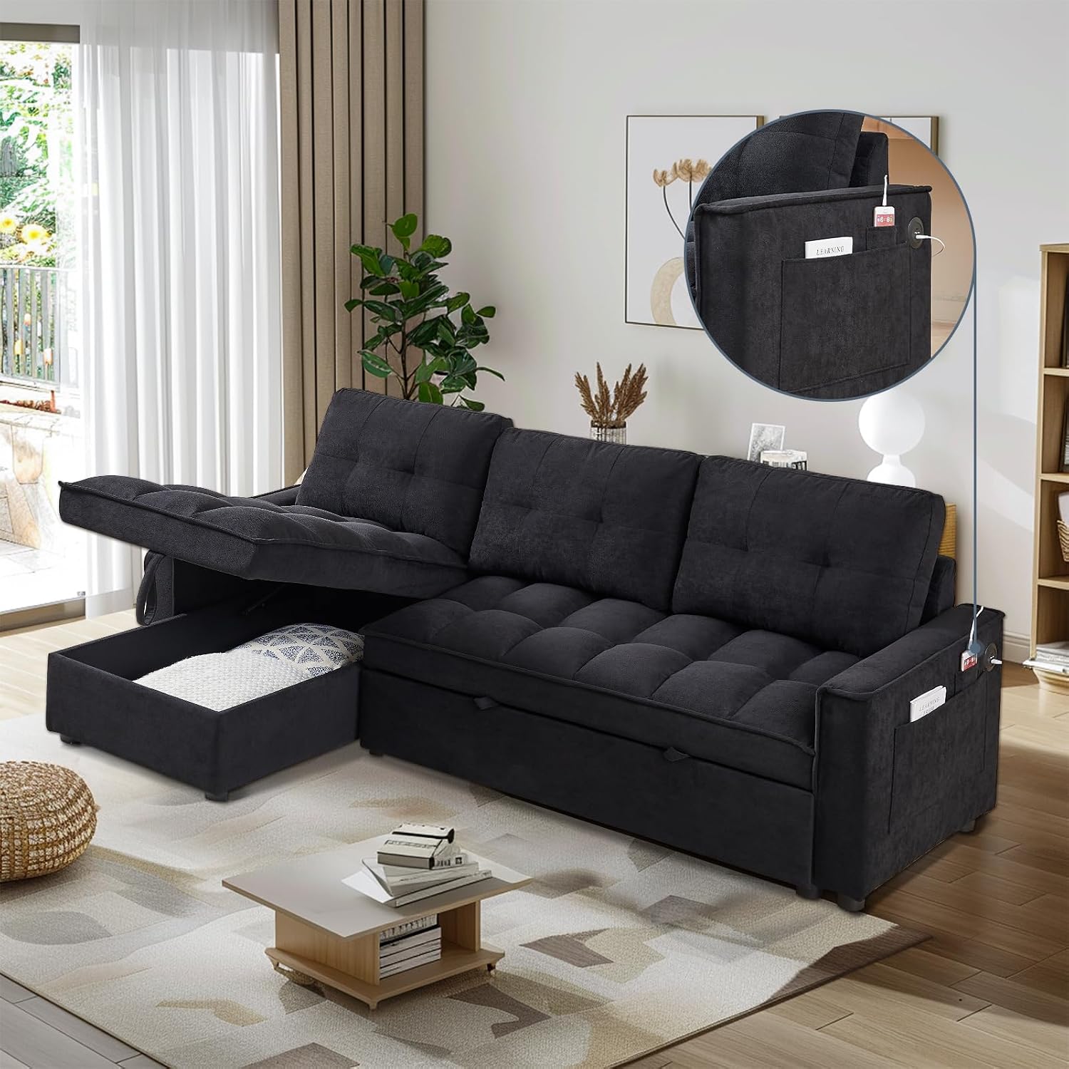 78.75' Sleeper Sofa Couch,Modern L-Shaped Couches, Pull Out Couch with USB Ports&Side Pocket,Sleeper Sectional Sofa for Living Room Apartment,Chenille,Black