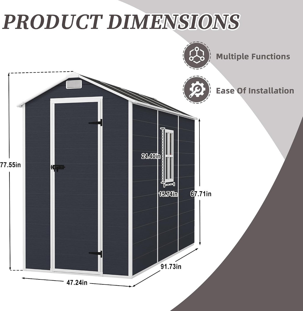 Campcraft 4x8ft Heavy Duty Resin Storage Shed - 12mm Thick PP Walls, Lockable Double Doors & HD Window, Waterproof Outdoor Garden Shed for Lawn Tools/Patio Furniture,Hurricane-Proof UV & Rust Proof