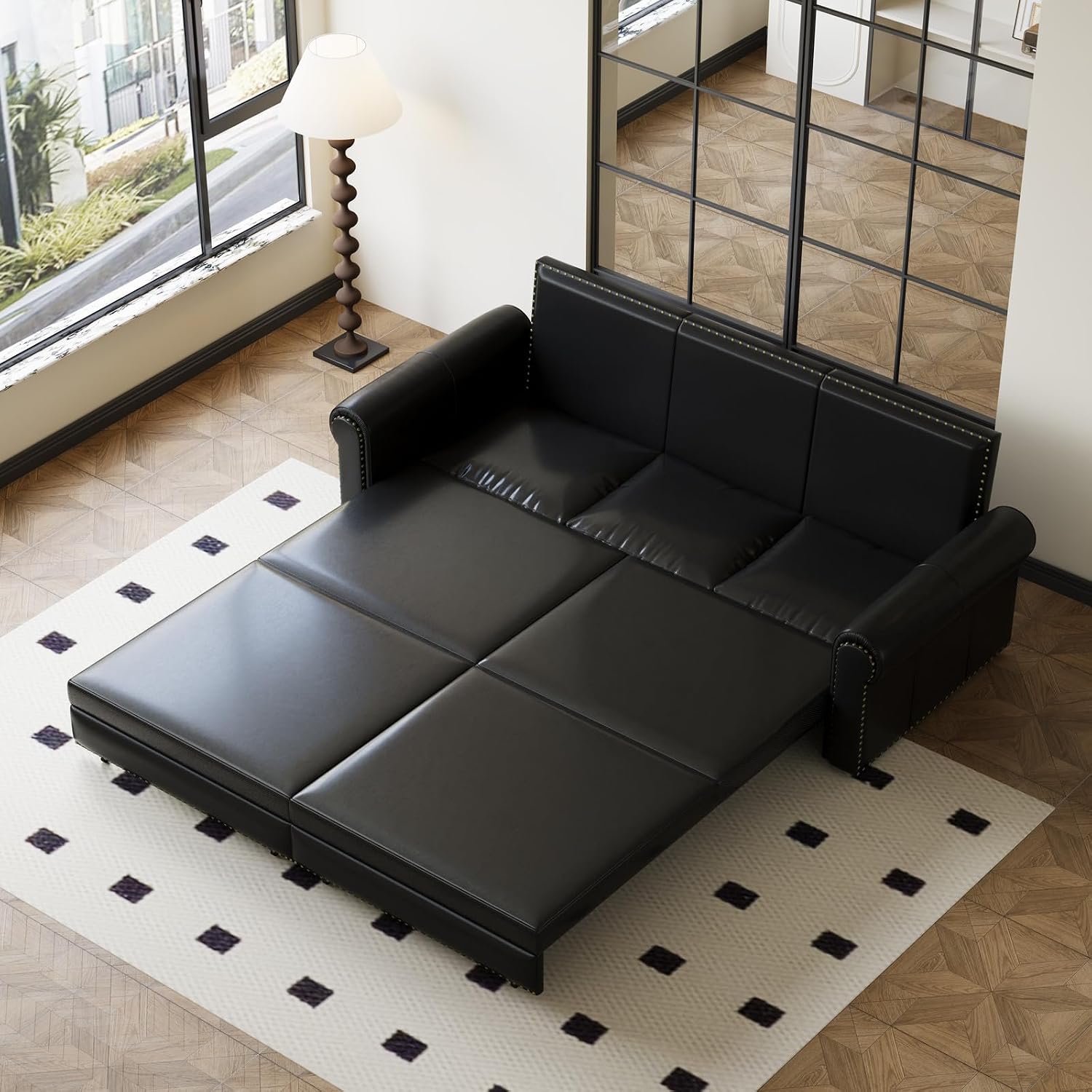 Faux Leather Sleeper Sofa Couch with Pullout Bed, 93.7' King Size Sleeper Sofa Bed, 3 in 1 Convertible Sofa Bed with Nailhead Trim & Rolled Arm for Living Room Bedroom Office (Black)