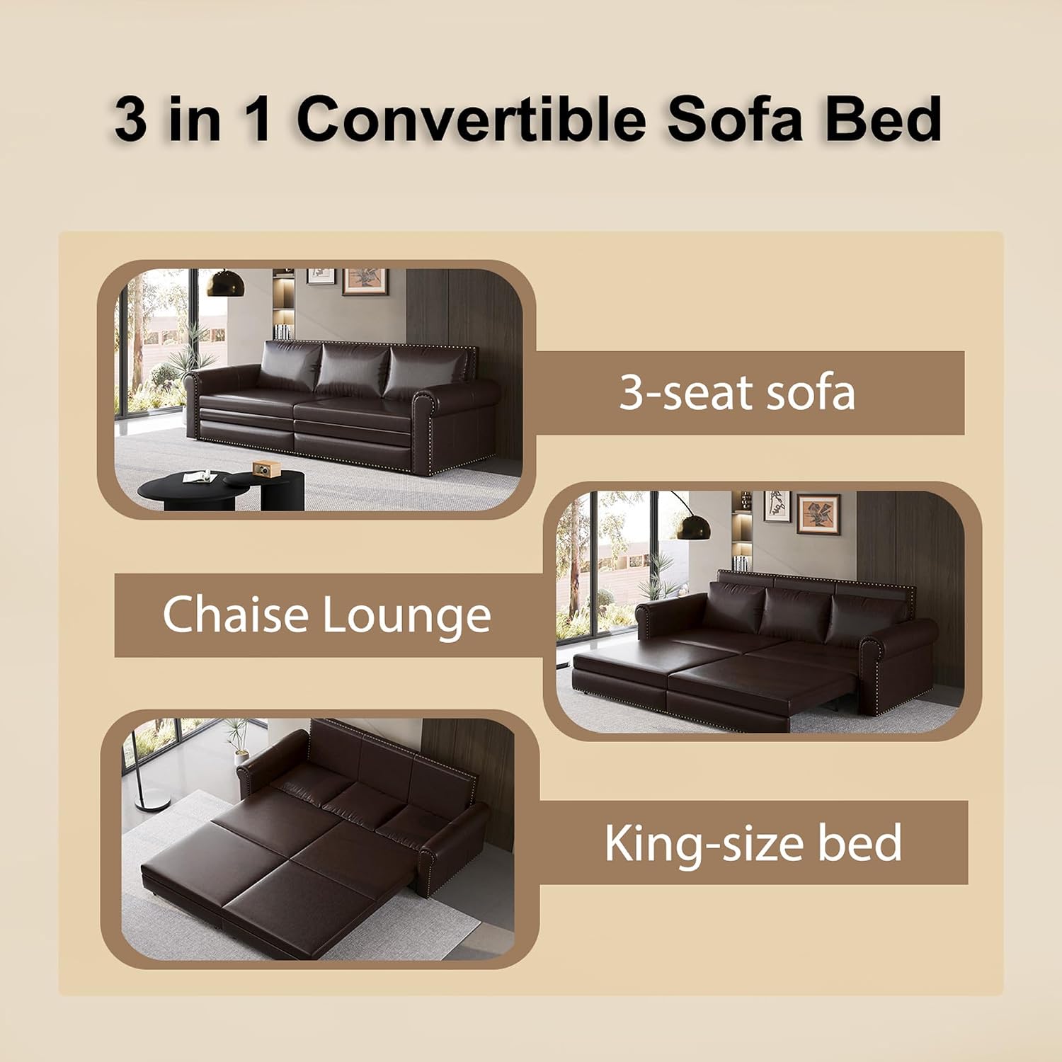 93.7' King Size Sleeper Sofa Bed, Pull Out Sofa Bed, Faux Leather Upholstery, 3 in 1 Convertible Sleeper Couch, Chaise Lounge, Retro Recliner for Living Room, Office, Apartment, Dark Brown