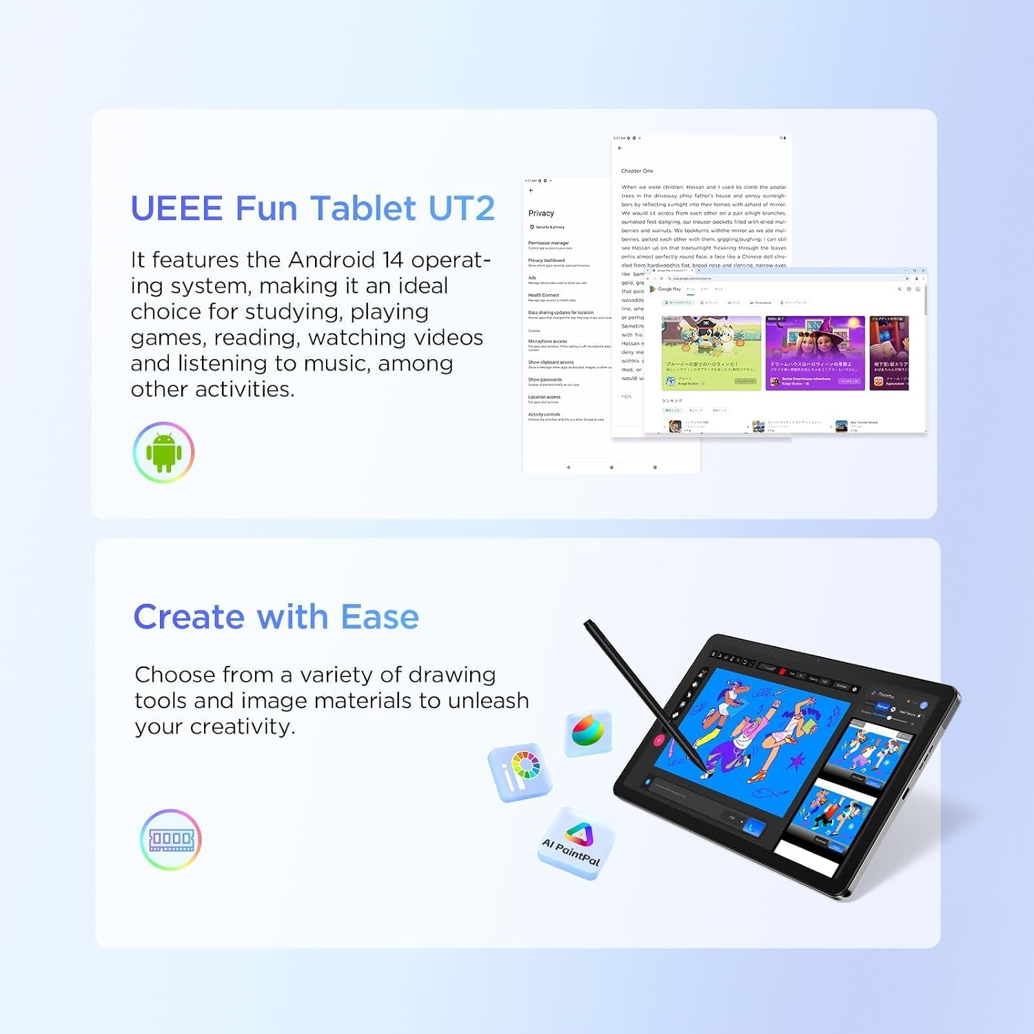 UGEE Pad Drawing Tablet No Computer Needed,Android 14 tablet drawing Stand for 7000mAh+18W Battery,6GB+128GB Fun Drawing Pad 2K Ultra HD Large Screen with Full-Laminated Screen,Standalone Tablet 10.36