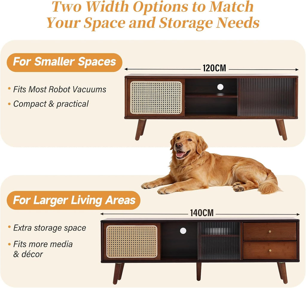 Tiita Rattan TV Stand for 55 Inch TV, Bamboo TV Cabinet with Adjustable Shelf and Storage, Boho Entertainment Center, Mid Century Modern Media Console for Bedroom, Living Room, Study, Walnut