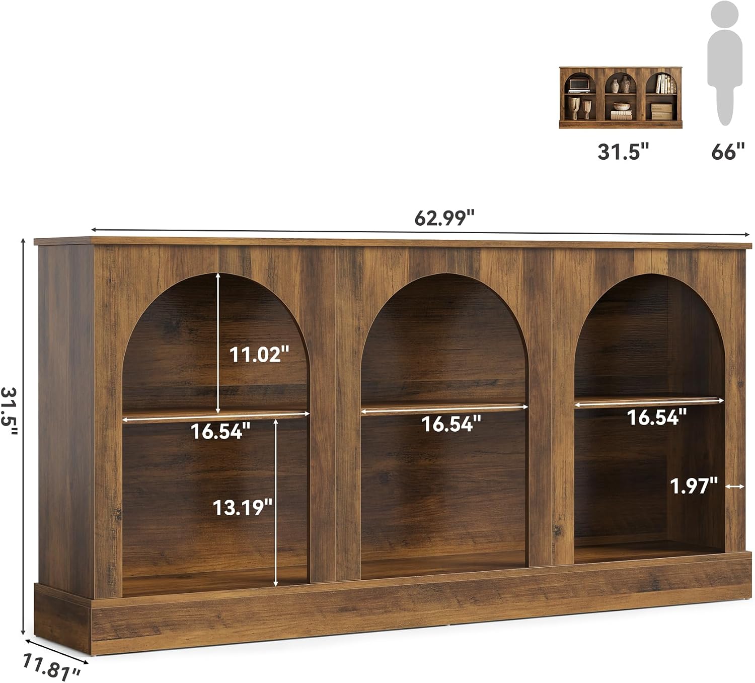 LITTLE TREE 63' Modern Console Sofa Table with 3-Tier Storage, Wooden Rectangular Foyer Table, for Entrance, Hallway, Living Room, Rustic Brown