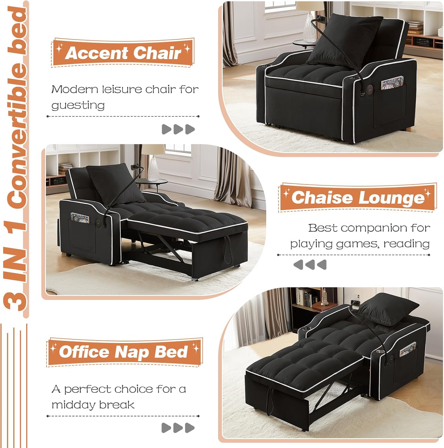 Sleeper Sofa Chair Bed with Charging Ports & Phone Holder & Cup Holder, Modern Velvet 3 in 1 Convertible Pull Out Single Sofa Chair Bed for Small Spaces Apartment, Black