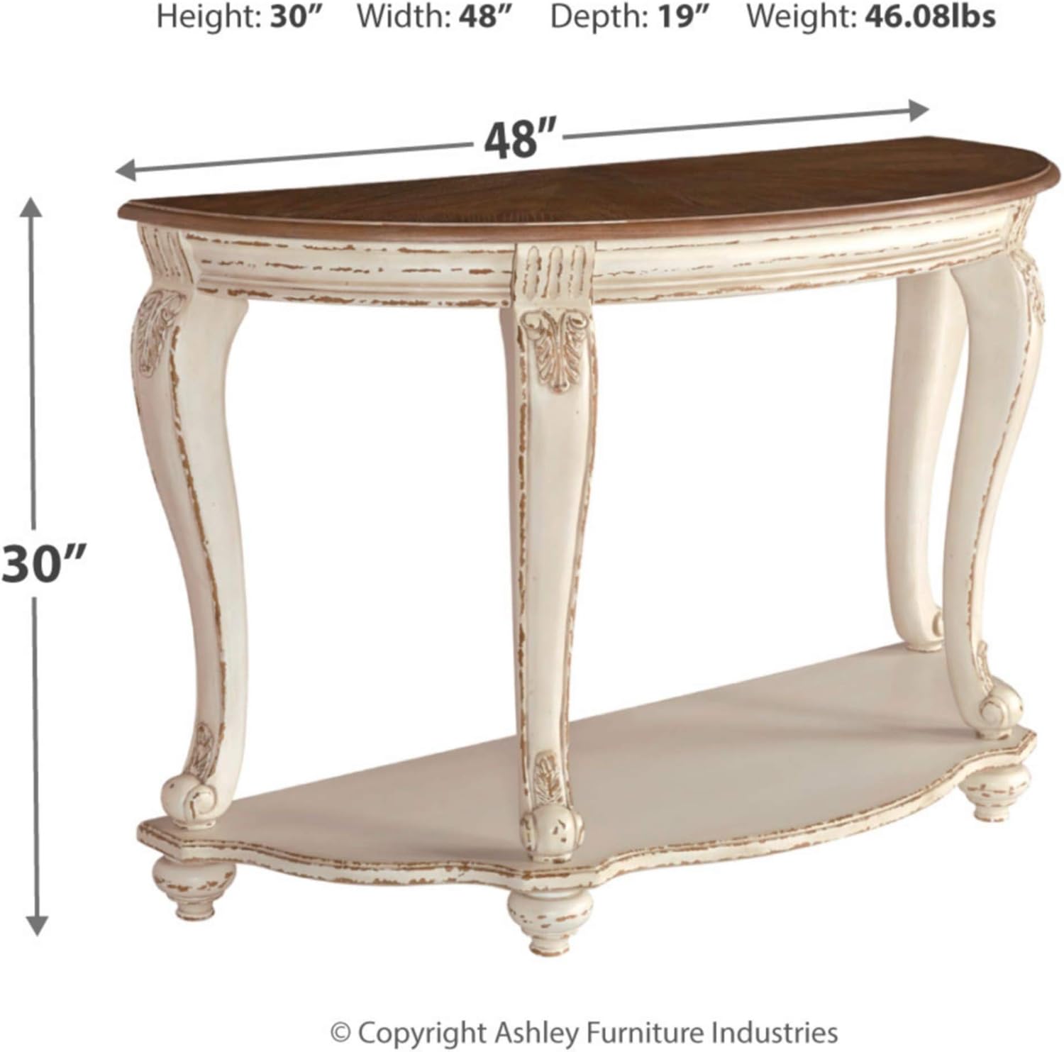 Signature Design by Ashley Realyn French Country Semi-Circle Console Table, White & Brown
