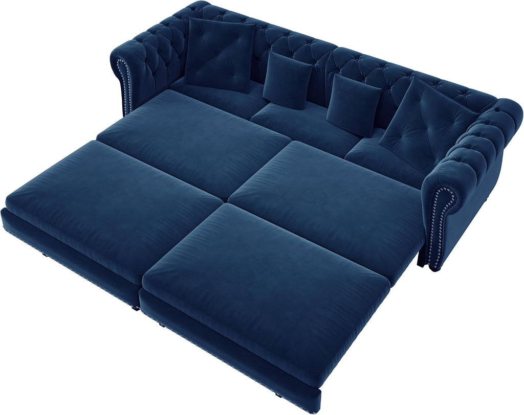 Eafurn 3 in 1 Oversized Chesterfield Loveseat Sofa Convertible Pull Out Sleeper Sofabed King Size Couch Bed w/Movable Ottoman and Nailhead Trim for Living Room Tufted Velvet Recliner Daybed Sofacama