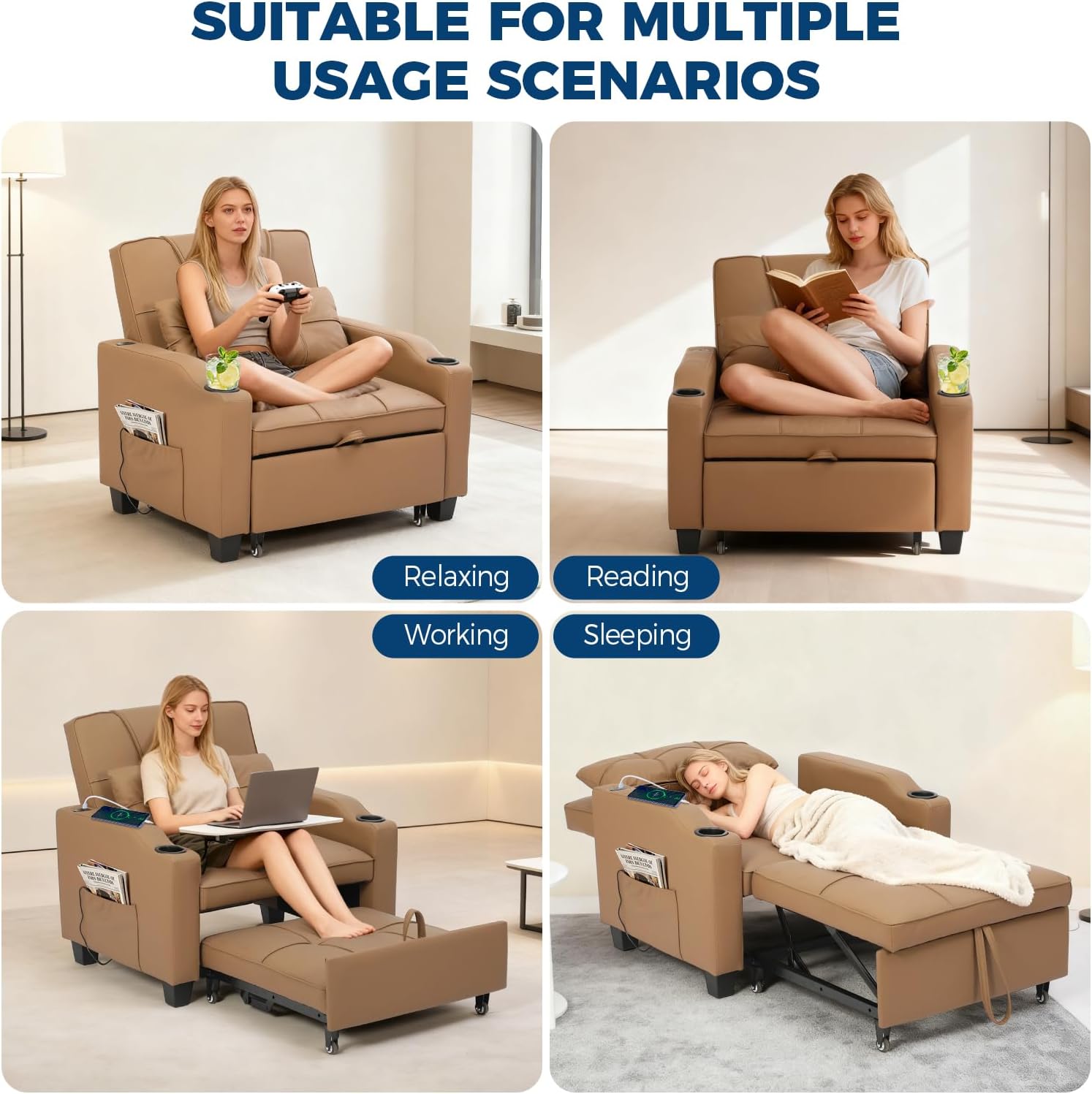 Sleeper Chair Pull Out Bed, 4 in 1 Convertible Sofa Chair Bed with Vibration Massage Lumbar Pillow, Single Sofa Recliner with USB/Type-C Port, Cup Holders and Side Pocket for Small Spaces (Brown)