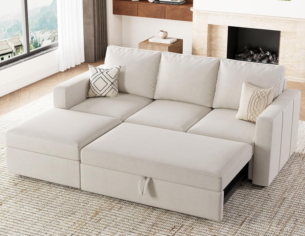 Belffin Modular Sectional Sleeper Sofa with Pull Out Couch, L Shaped Sleeper Pull Out Bed, Convertible Sectional Couches for Living Room, Beige