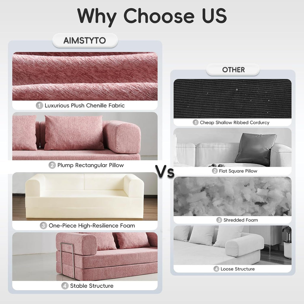 5-in-1 Convertible Folding Sofa Bed, 79' Queen Chenille Boneless Couch with Removable Armrests, No Assembly Loveseat Sleeper Sofa, Modular Futon Couch for Living Room & Bedroom (Pink)