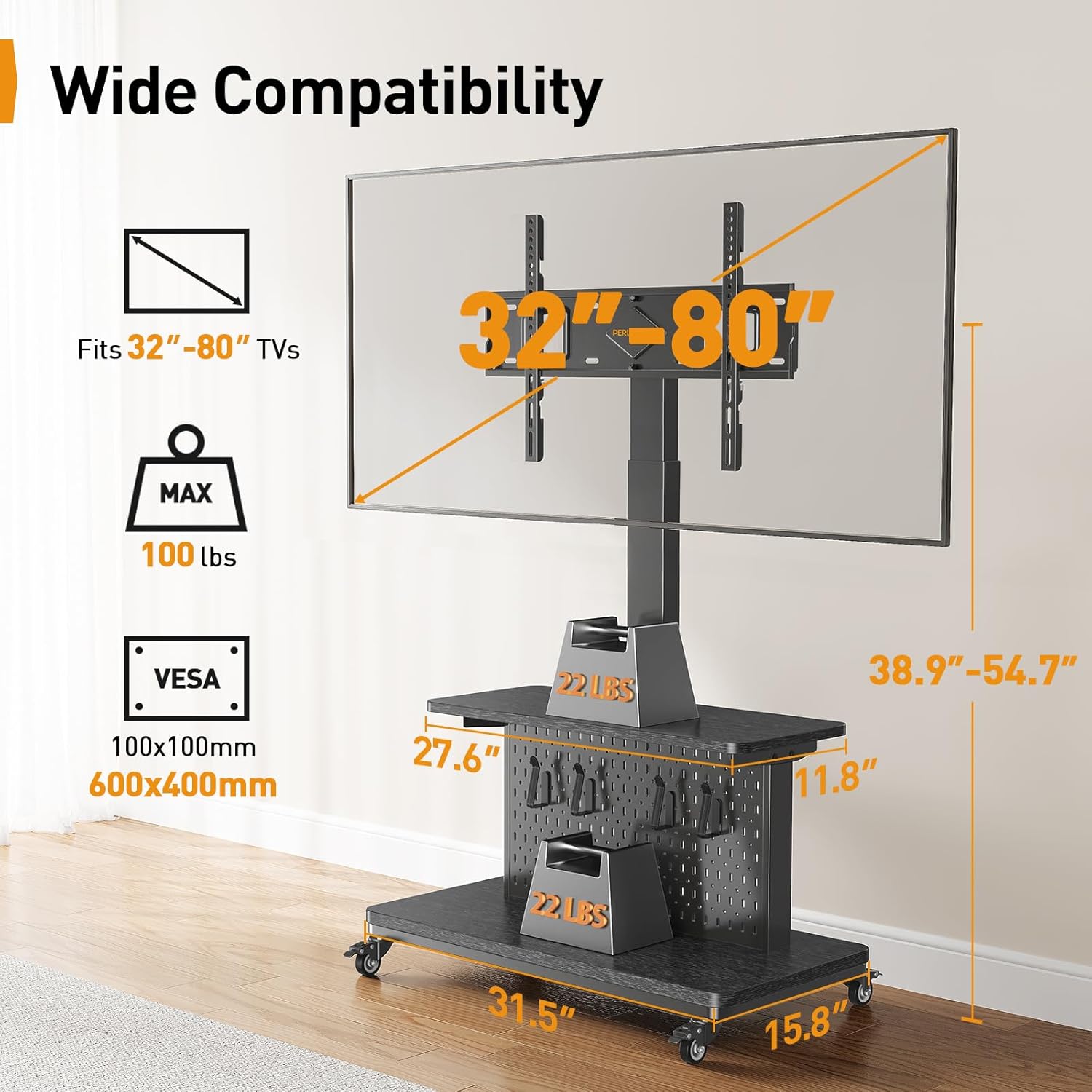 Perlegear Motorized Mobile TV Stand on Wheels, Electric Height Adjustable TV Cart for 32-80″ TVs up to 100 lbs, Rolling TV Stand with Remote Control, 4 Height Memory, ±35° Swivel with Pegboard Storage