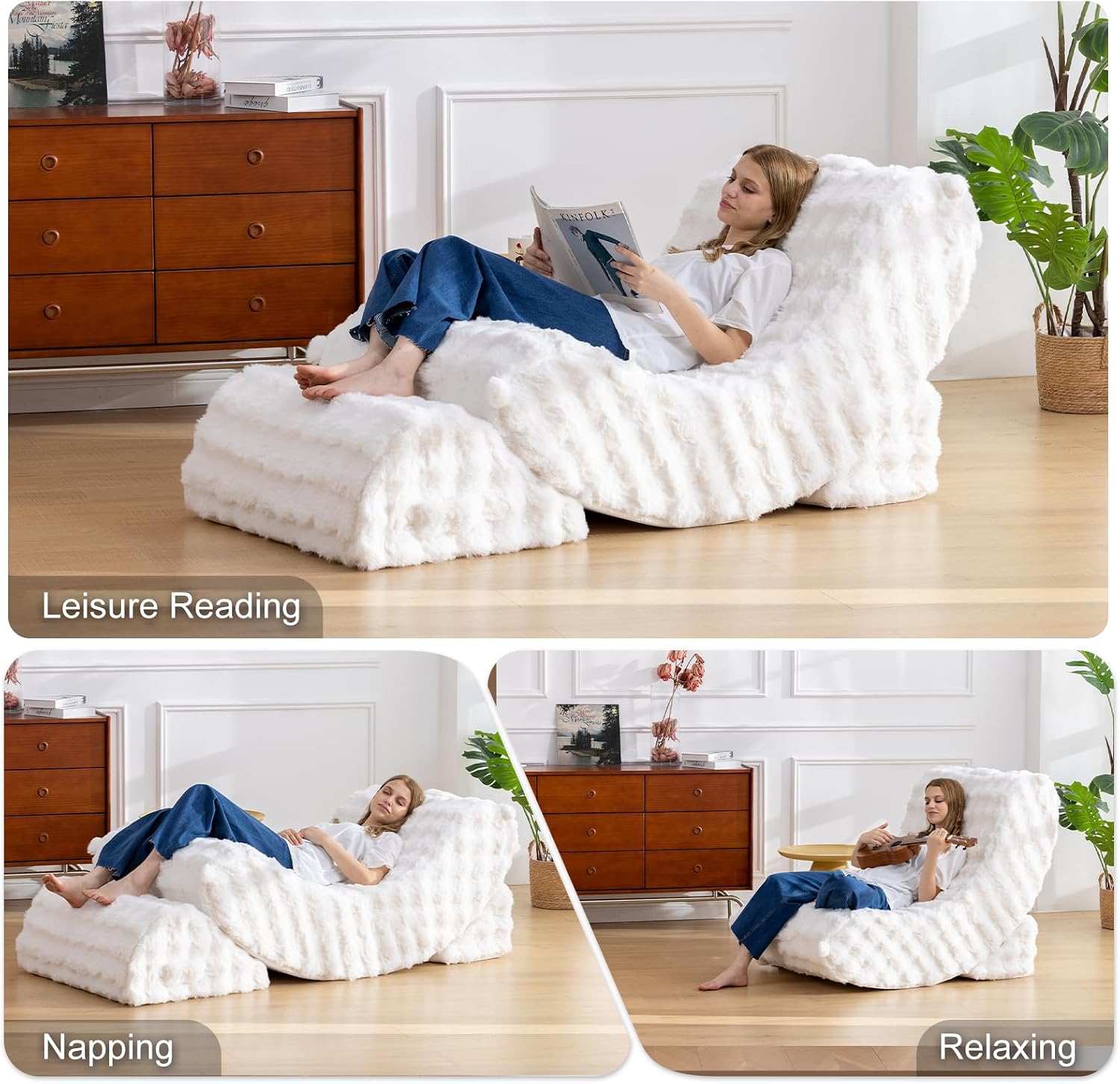 3-in-1 Adjustable Zero Gravity Floor Chair, Oversized Faux Fur Boneless Chair for Adults with Memory Foam & Washable Cover, Silent Rocker Recliner Lounge Chair for Reading, Nursing, Gaming, WhiteGrid