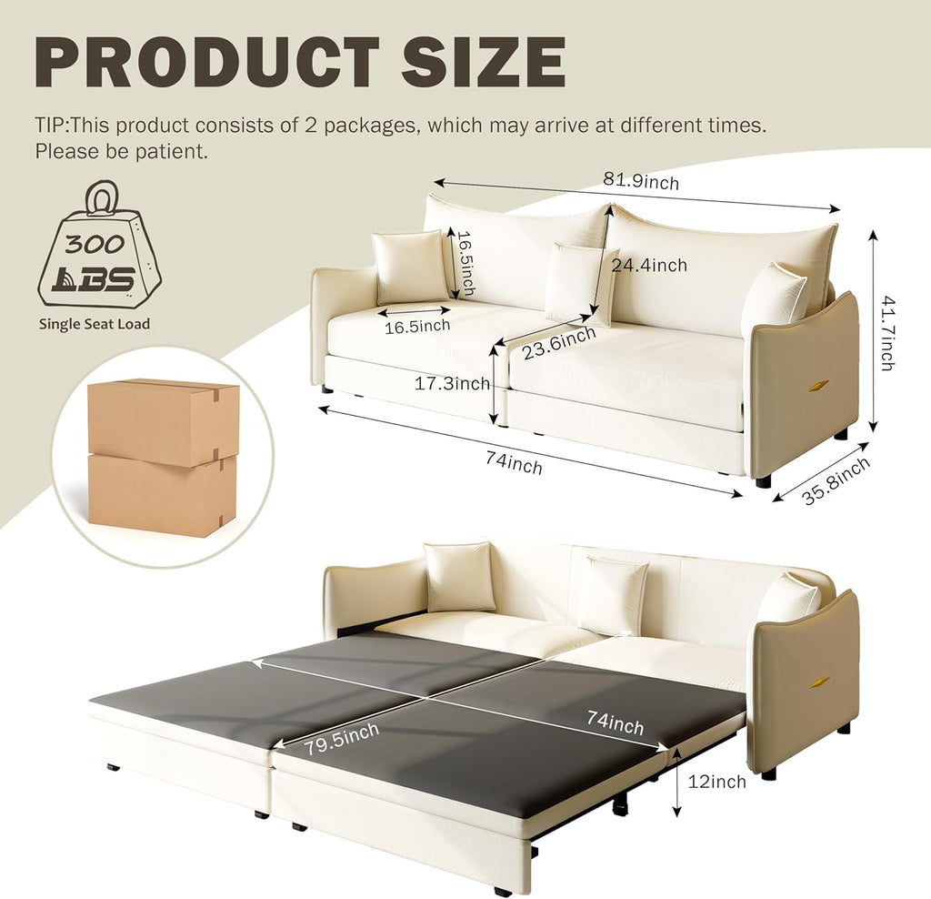 81.9' Sleeper Sofa Bed King Size, 3-in-1 Convertible Couch, Modern Pull Out Couches, Comfy Velvet Futon Sofa, Cloud Loveseat Lounge, 3 Pillows, for Small Spaces, Living Room, Gold Beige
