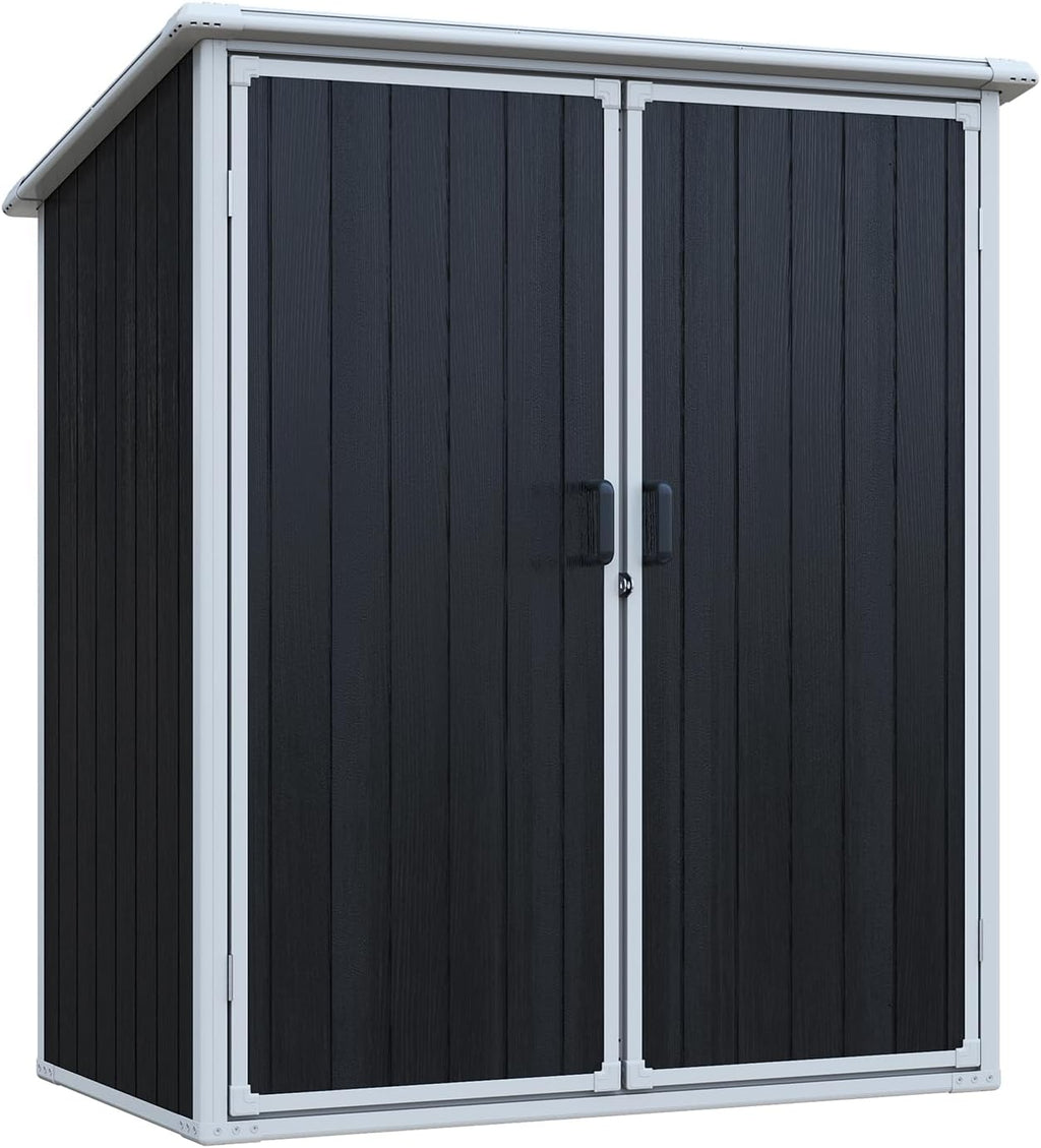 5x3 Resin Outdoor Storage Shed with Floor, Vertical Plastic Storage Cabinet with Lockable Doors, All-Weather Garden Tool Shed for Bikes and Patio Furniture (Black)