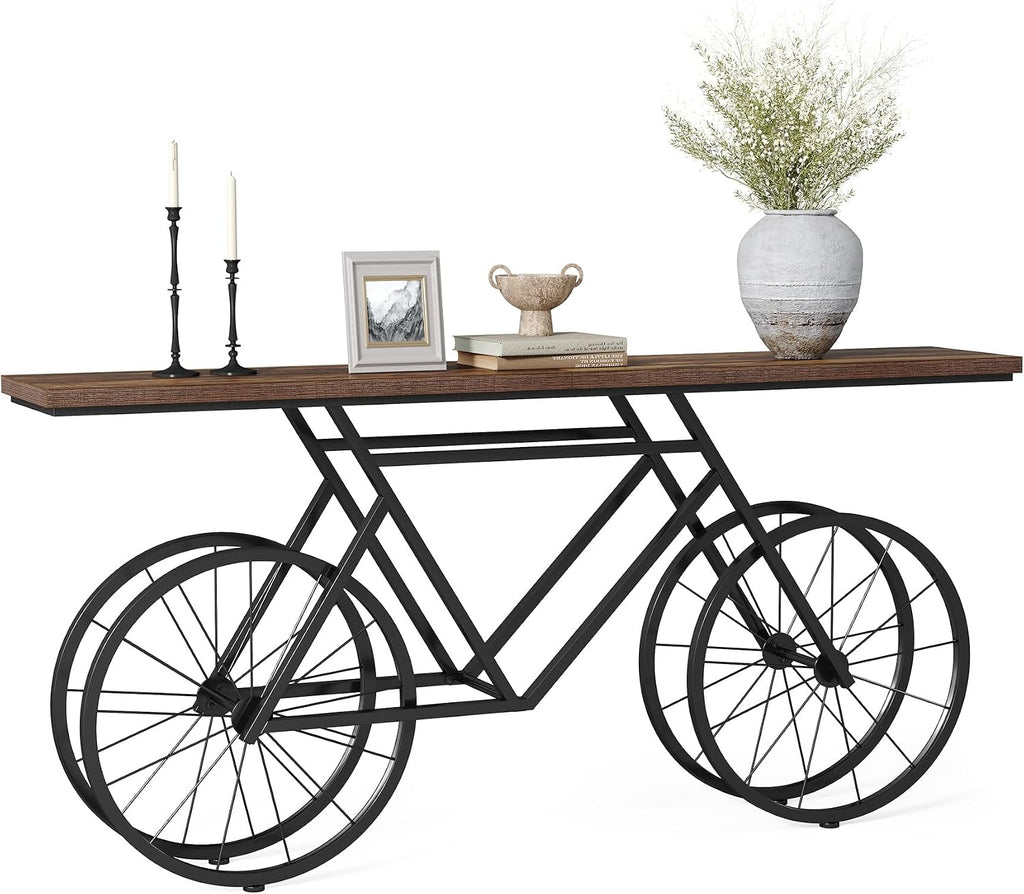 LITTLE TREE Narrow Sofa Table, 70.9-Inch Extra Long Console Table for Living Room, Entryway, with Unique Bicycle Metal Base. Rustic Brown