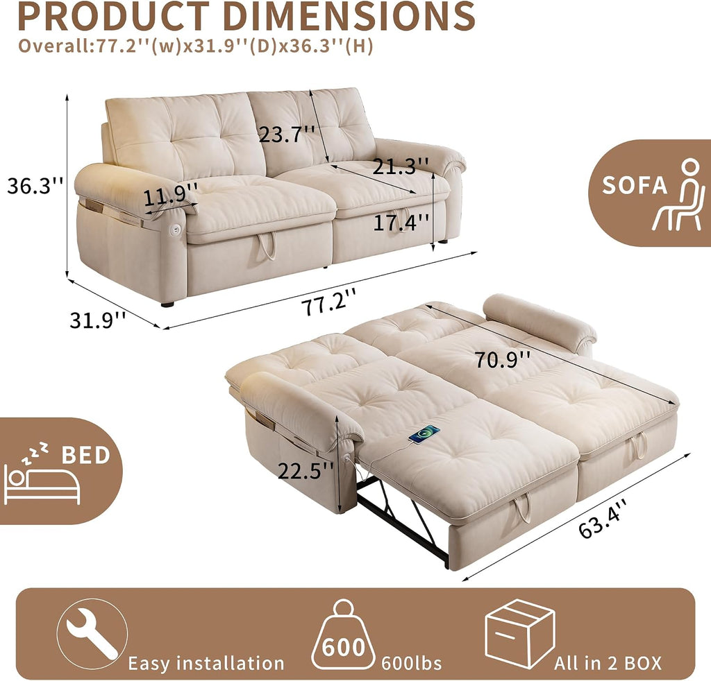 77' Sleeper Sofa Bed, Convertible Pull Out Couch with Velvet Fabric, 3-in-1 Loveseat L Shaped Couch Bed with Adjustable Backrest, Side Pocket & USB Ports for Living Room Apartment, White