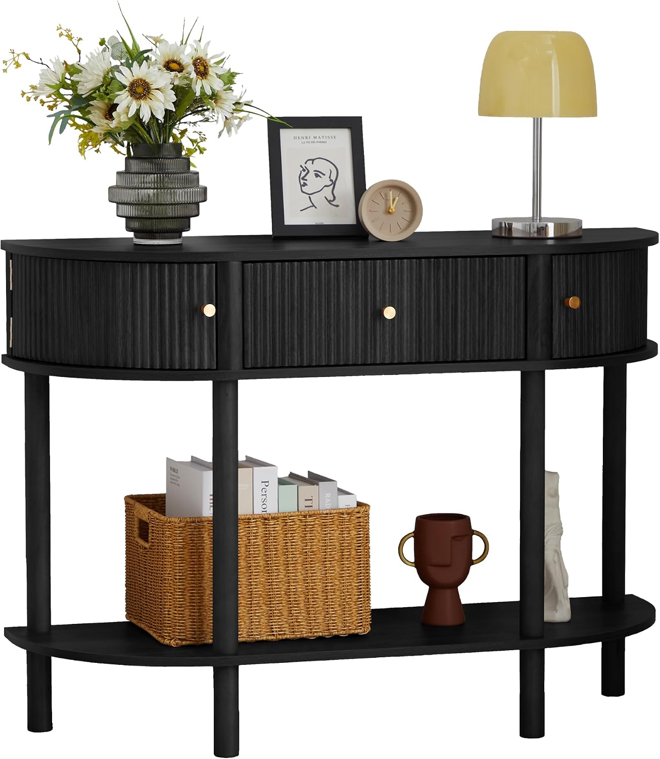 XUZENEST 43.3' Fluted Half Moon Console Table, Modern Entryway Console Sofa Table with Storage, Narrow Wood Accent Tables Behind Couch Tables for Living Room, Hallway, Foyer(Black)