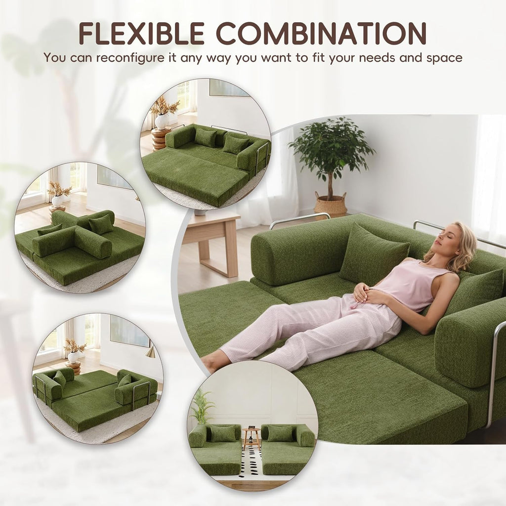 5-in-1 Convertible Folding Sofa Bed, 79' Queen Chenille Boneless Couch with Removable Armrests, No Assembly Loveseat Sleeper Sofa, Modular Futon Couch for Living Room & Bedroom, Green