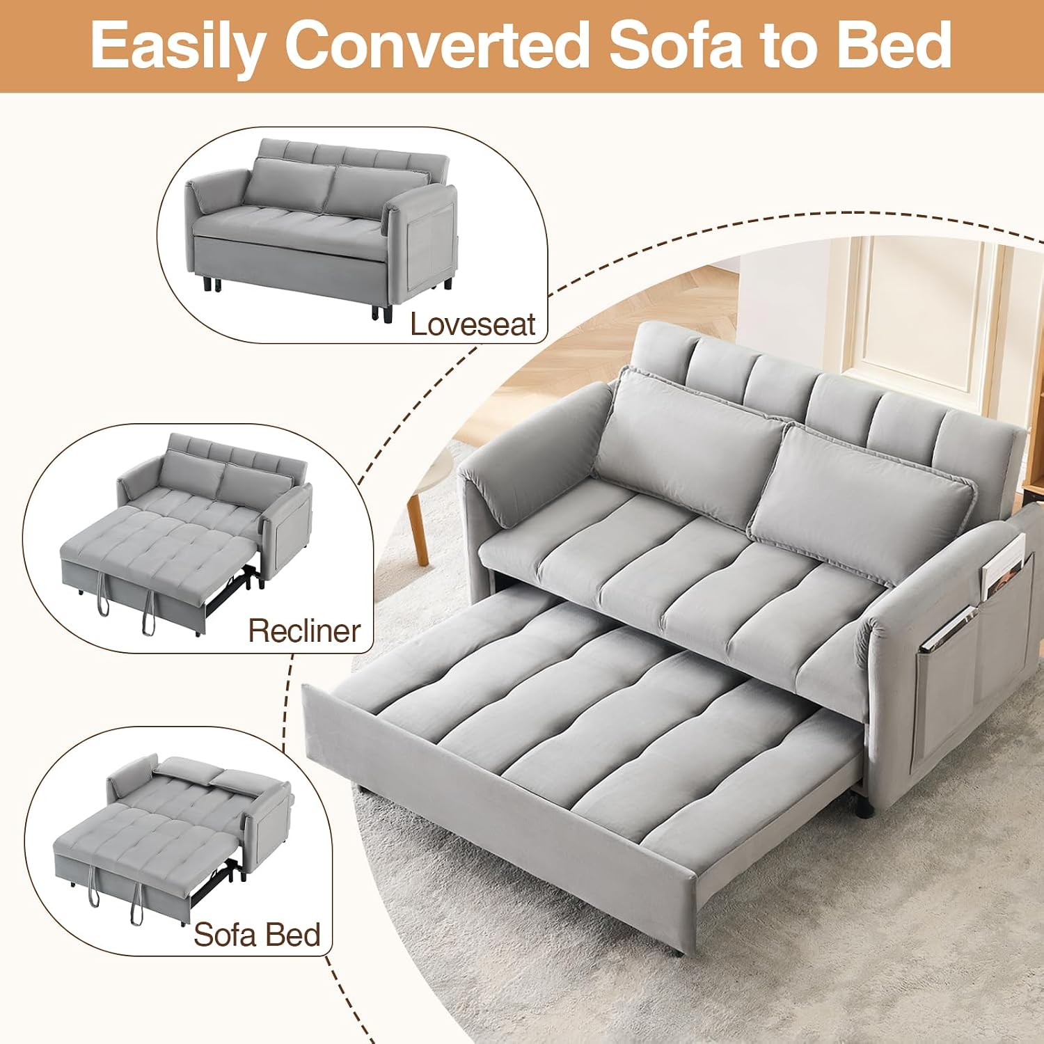 CAPCAEK 3 in 1 Convertible Sleeper Sofa Bed, Modern Velvet Loveseat Pull-Out Couch w/Pullout Bed, Small Love Seat Lounge Sofa w/Reclining Backrest,Toss Pillows, Pockets, for Living Room