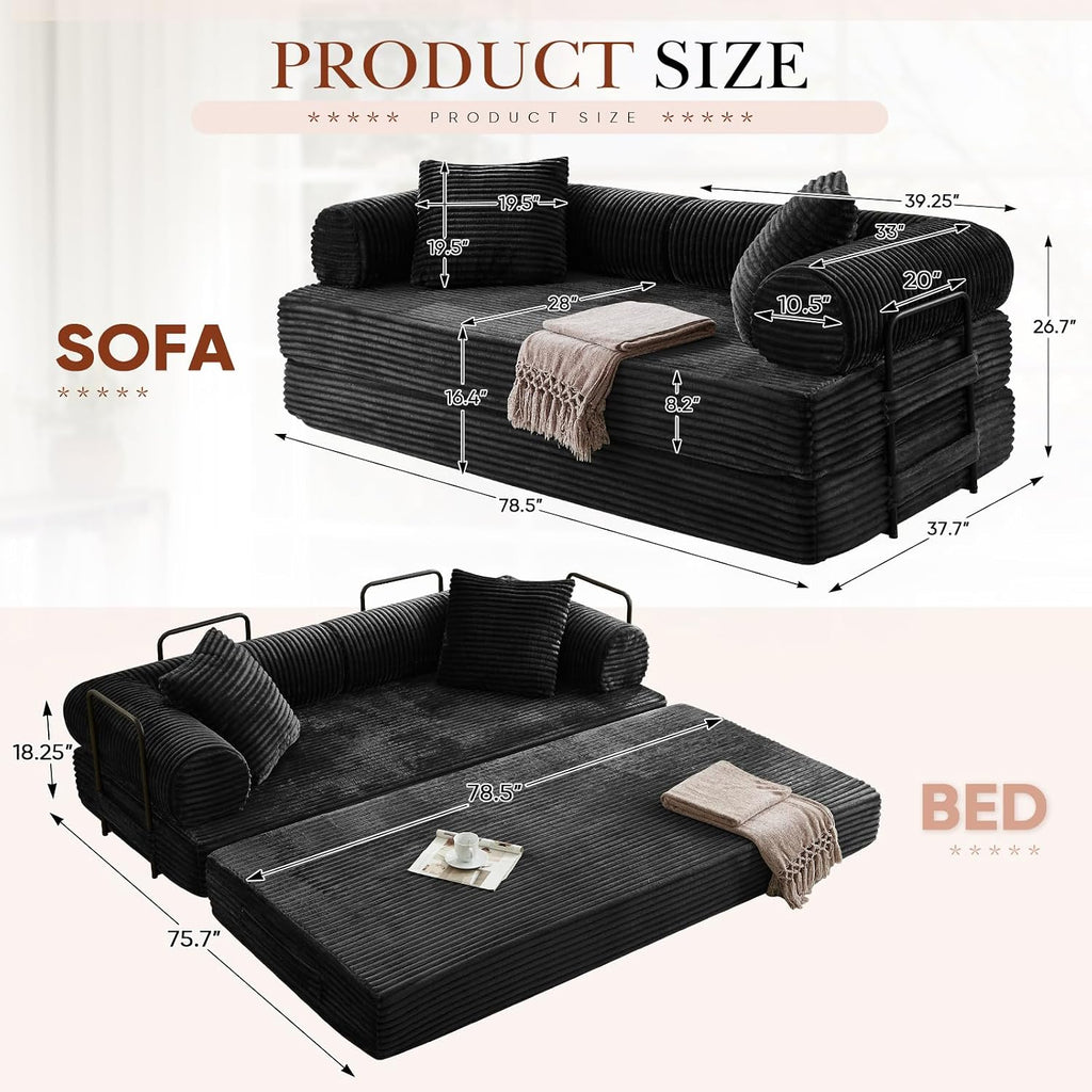 Antetek Modular Couch Bed, Convertible Folding Plush Corduroy Comfy Floor Compression Loveseat Sleeper Sofa Couch, King Size Bed for Guest Room Living Room Bedroom, No Assembly Required, Black