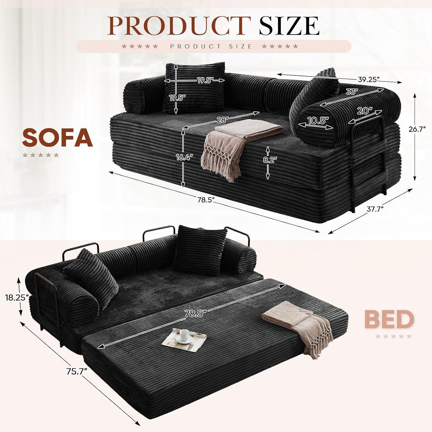 Antetek Modular Couch Bed, Convertible Folding Plush Corduroy Comfy Floor Compression Loveseat Sleeper Sofa Couch, King Size Bed for Guest Room Living Room Bedroom, No Assembly Required, Black
