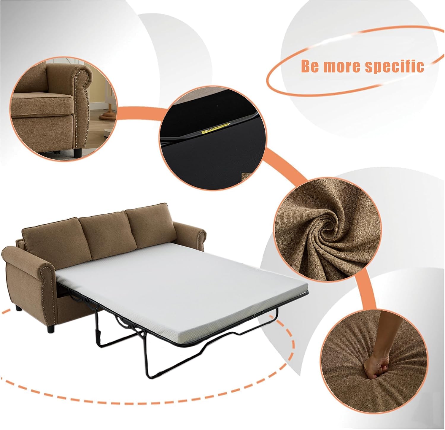 Sleeper Sofa Bed Full Size, Pull Out Couch with Mattress, 81.5'' 3 Seater Upholstery Sectional Couches, Modern Linen Convertible Sofa, Living Room Furniture for Small Spaces, Apartment, Brown | Memory Foam Mattress