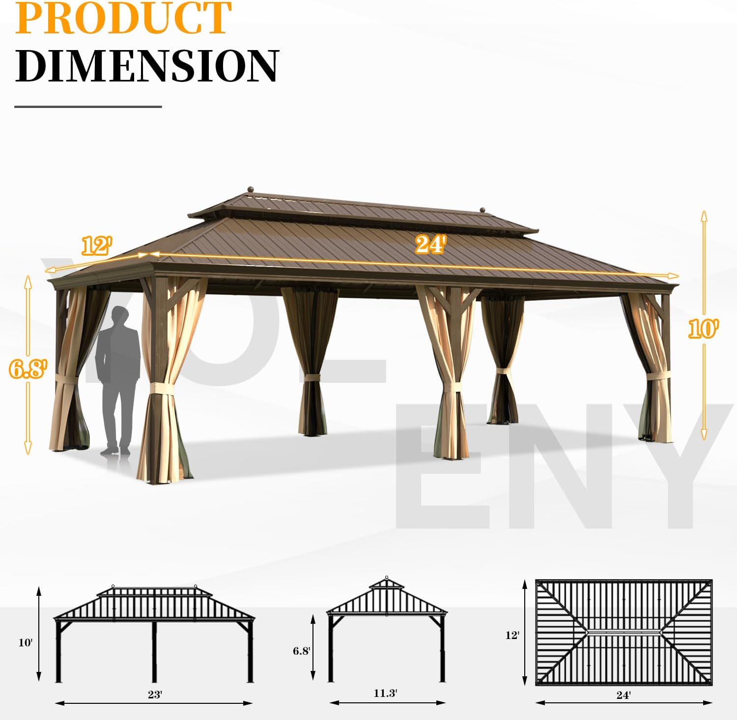 YOLENY 12'x24' Gazebo, Hardtop Gazebo with Galvanized Steel Double Roof, Pergolas Aluminum Frame, Netting and Curtains Included, Metal Outdoor Gazebos for Garden, Lawns