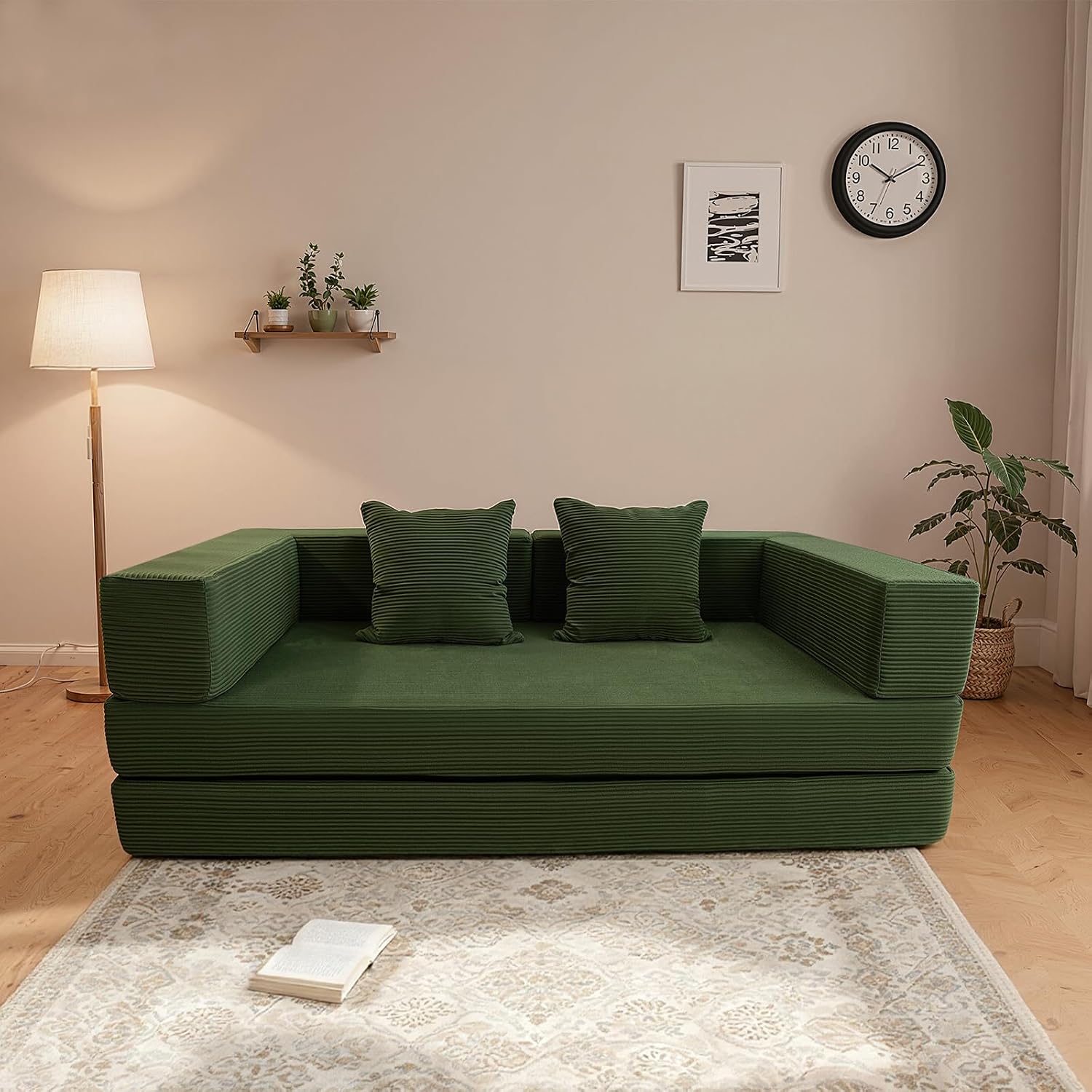 5‑in‑1 Futon Sofa Bed Queen– Floor Foldable Convertible Sofa Couch with L‑Shaped Armrests, Removable Cover, Green Convertible Guest Bed | Space‑Saving Fold‑Out Mattress Lounge for Living Room/Bedroom