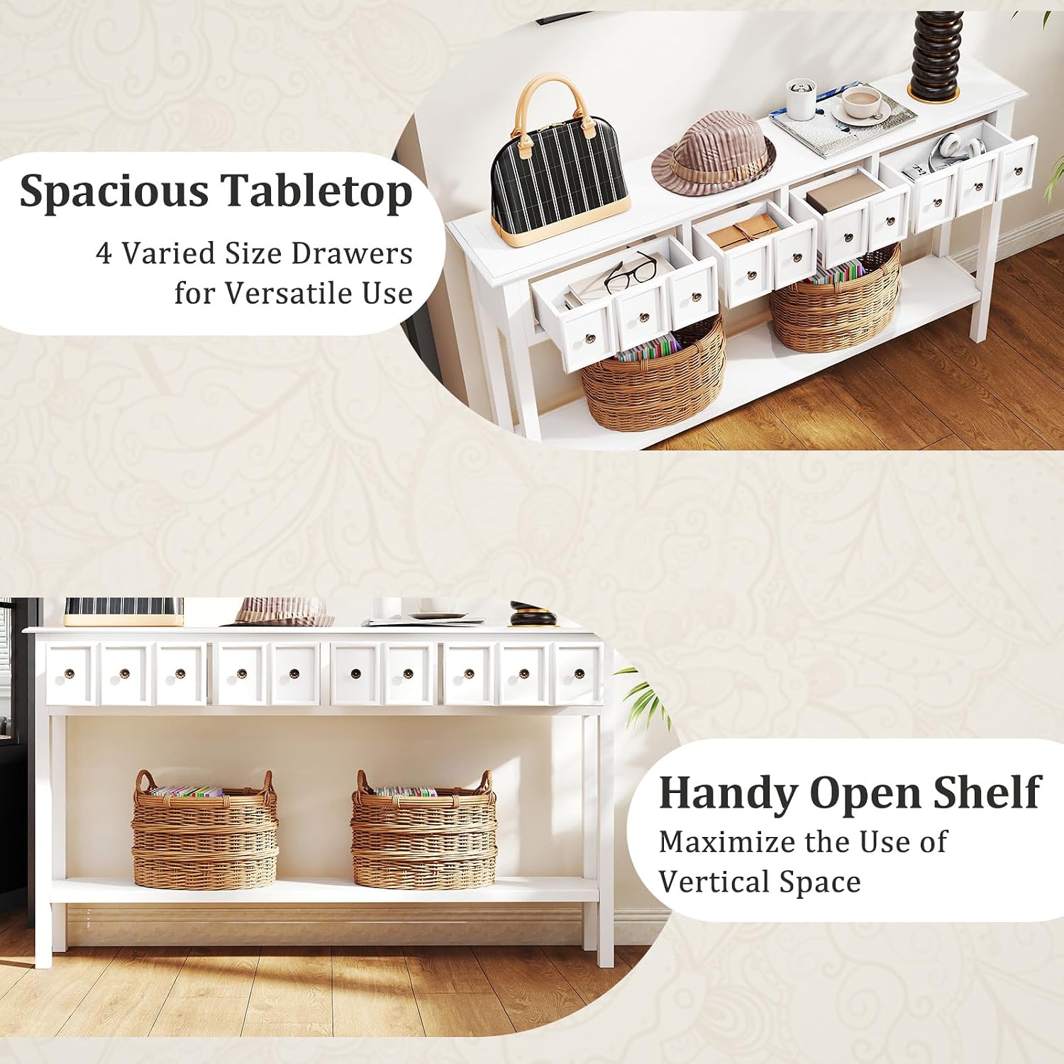 Giantex 60' Entryway Table, Long Narrow Console Table with 4 Drawers and Open Storage Shelf, Modern Slim Entry Tables, Farmhouse Wooden Sofa Tables with Anti-Tip Kit for Living Room, Hallway (White)