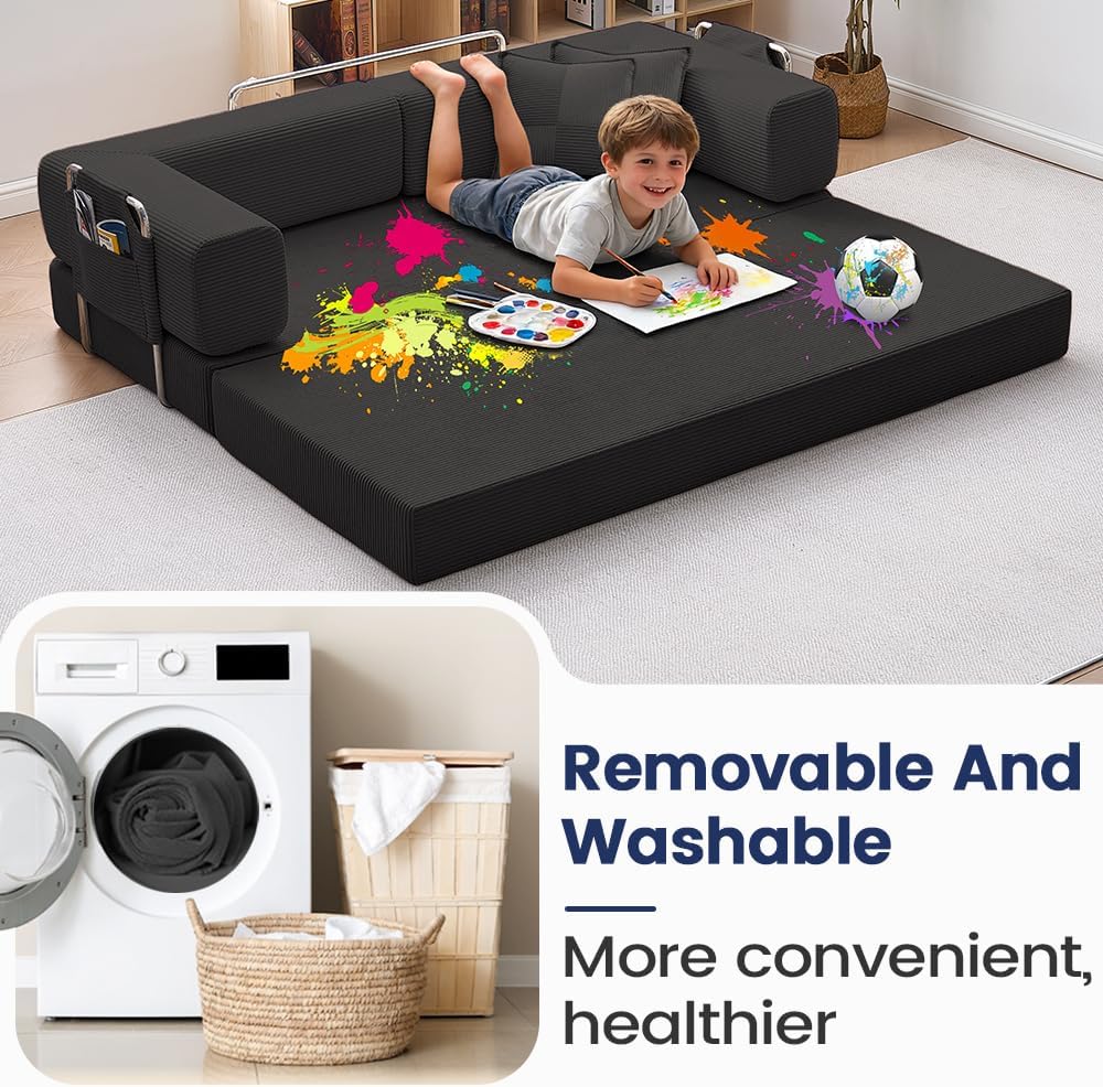 GEARIVY Folding Sofa Bed Convertable Corduroy Couch King Size Floor Sleeper 4-in-1 DIY Combination Modular Sofa Fold Out Futon Lounge Comfy Foldable Lazy cama for Living Room (Black, 80.3 inch Sofa)